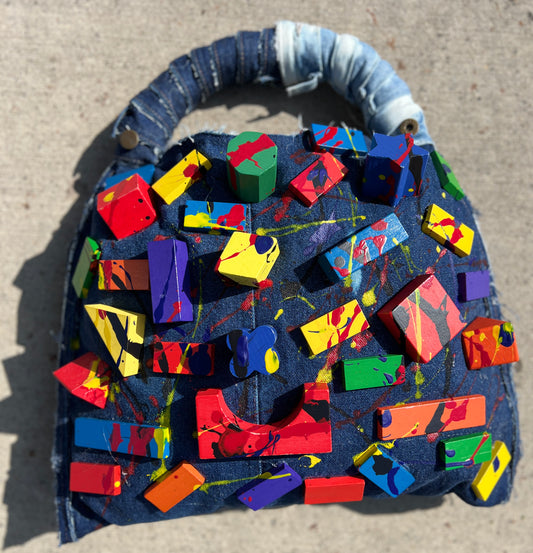 Funky Abstract Denim Handbag With Colorful Blocks