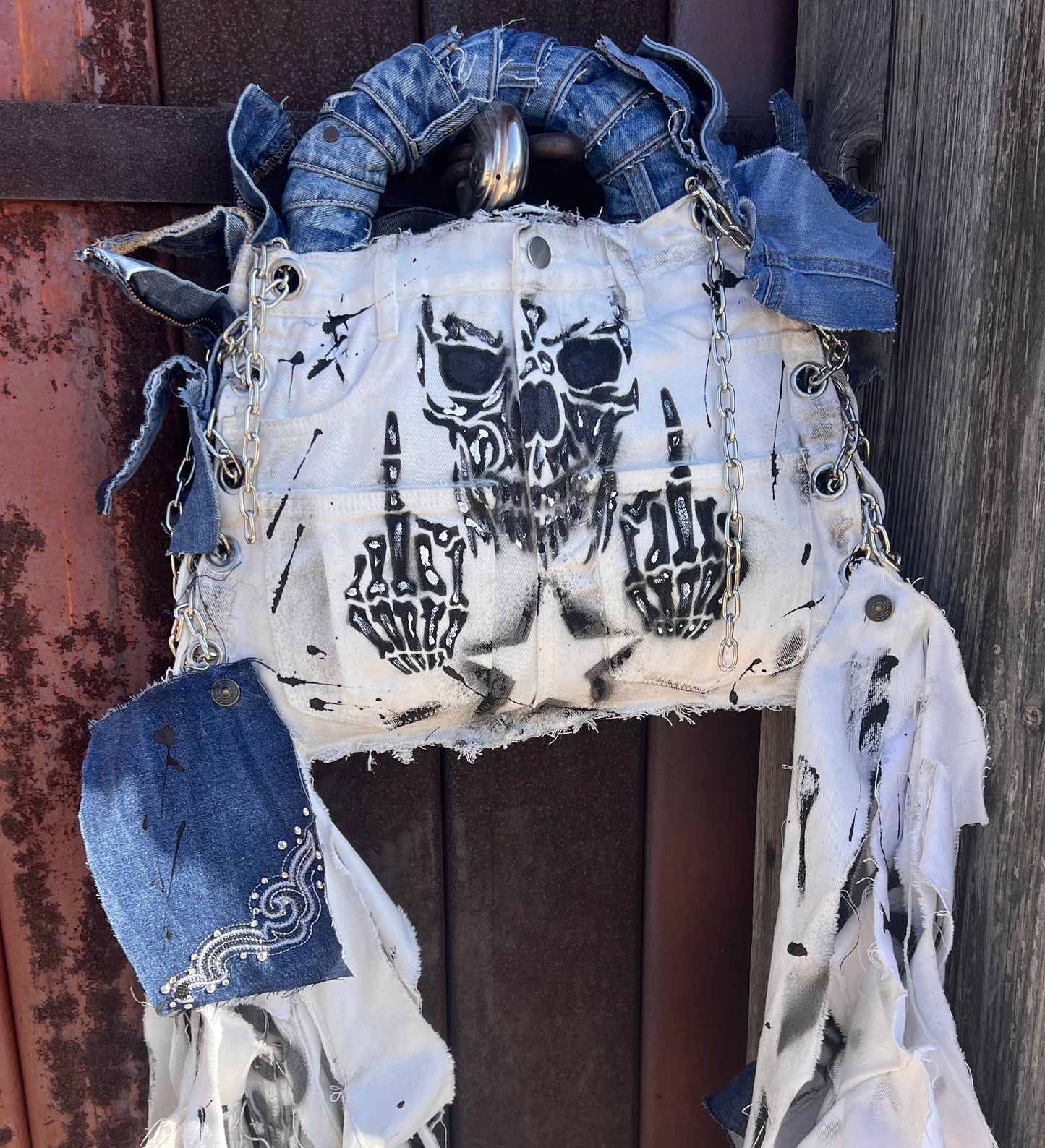 Born A Star Funky Grunge Skull Ugly Denim Bag