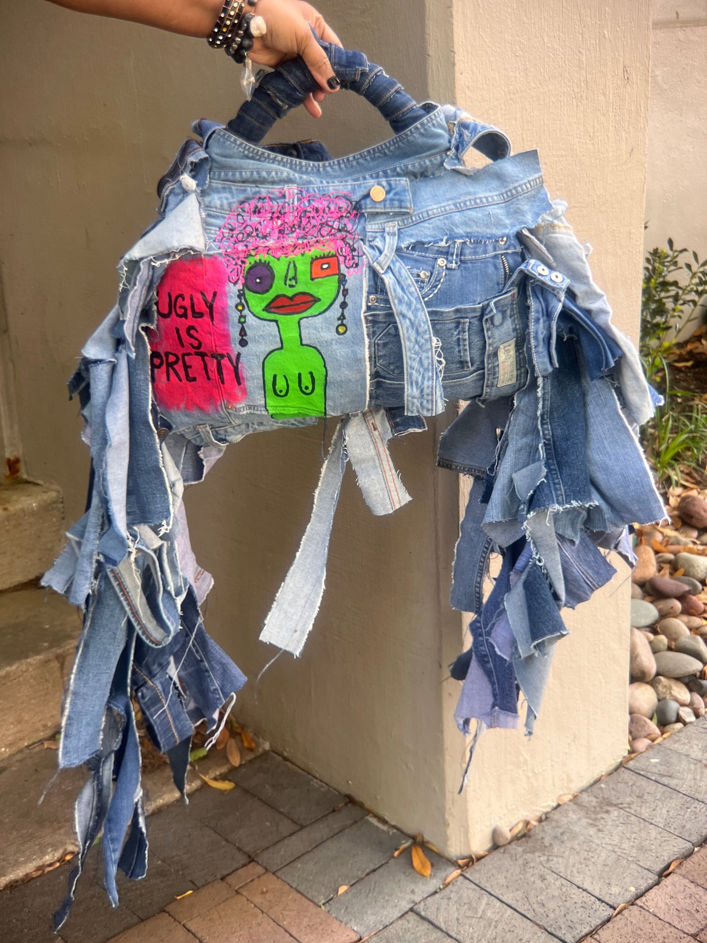 UGLY IS PRETTY DENIM TOTE BAG: ANTI-BULLYING STATEMENT ART #5 XL