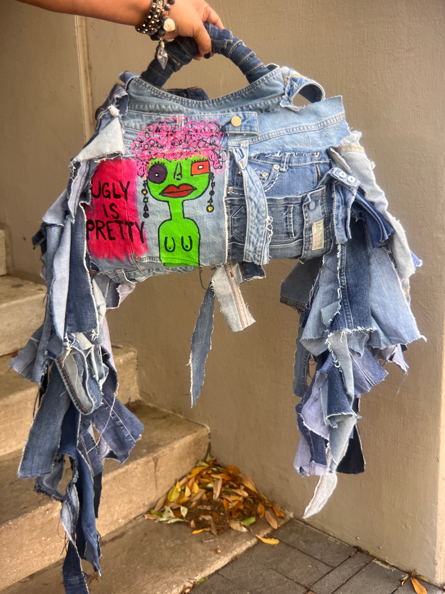 UGLY IS PRETTY DENIM TOTE BAG: ANTI-BULLYING STATEMENT ART #5 XL