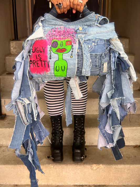 UGLY IS PRETTY DENIM TOTE BAG: ANTI-BULLYING STATEMENT ART #5 XL
