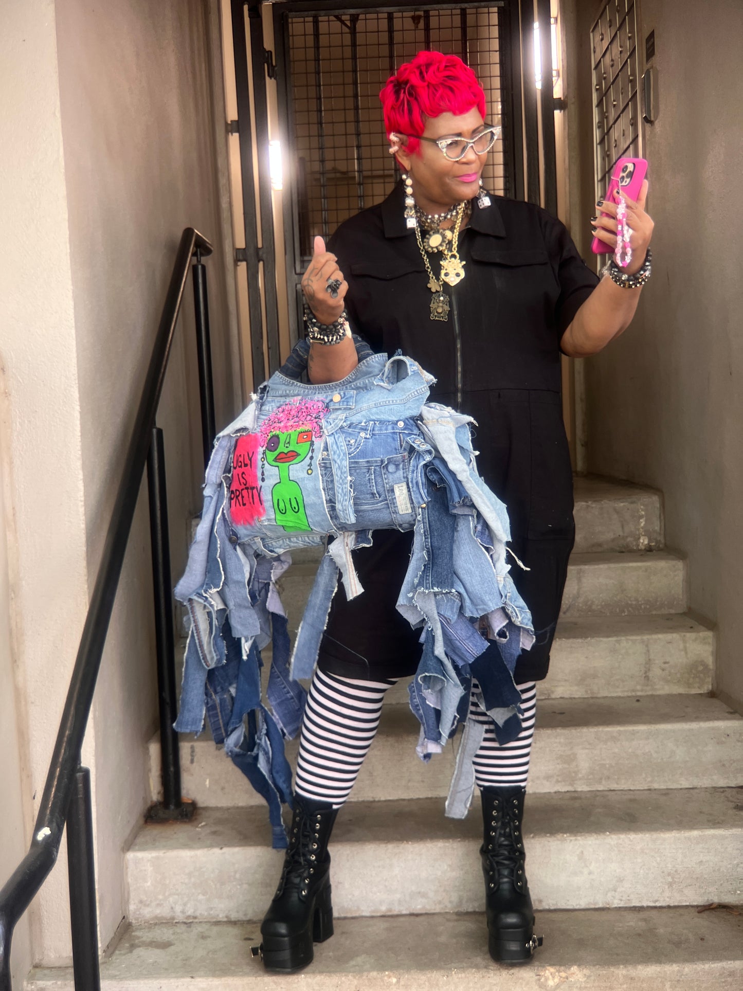 UGLY IS PRETTY DENIM TOTE BAG: ANTI-BULLYING STATEMENT ART #5 XL