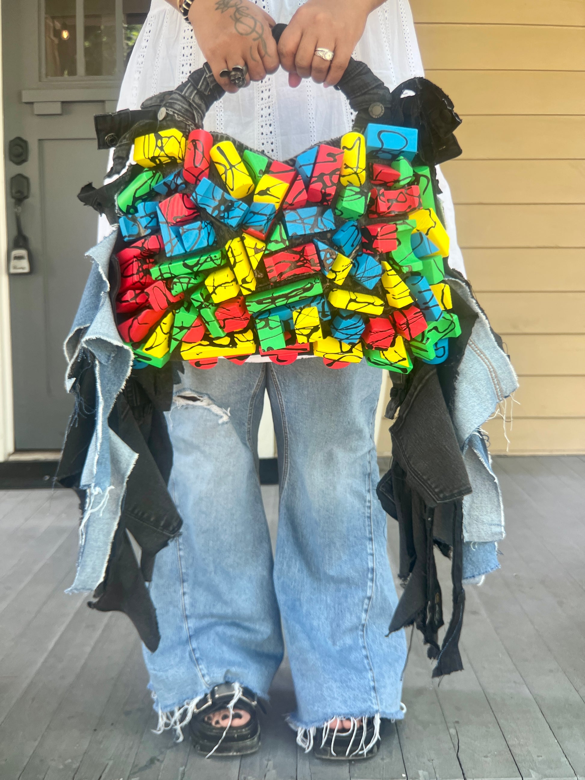 Handmade Strange Denim Funky Block Bag Handmade Strange Denim Funky Grunge Block Bag