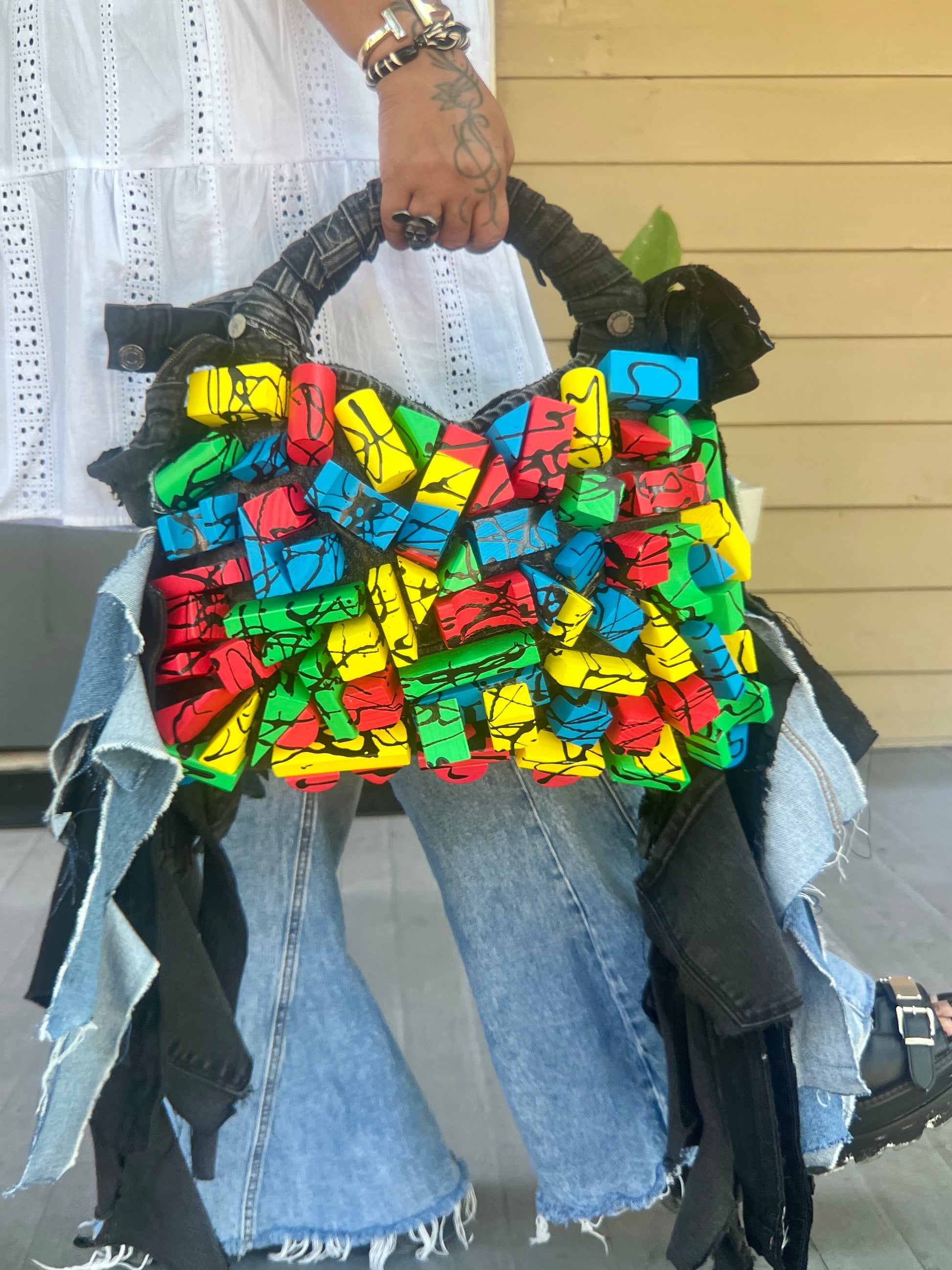 Handmade Strange Denim Funky Block Bag Handmade Strange Denim Funky Grunge Block Bag