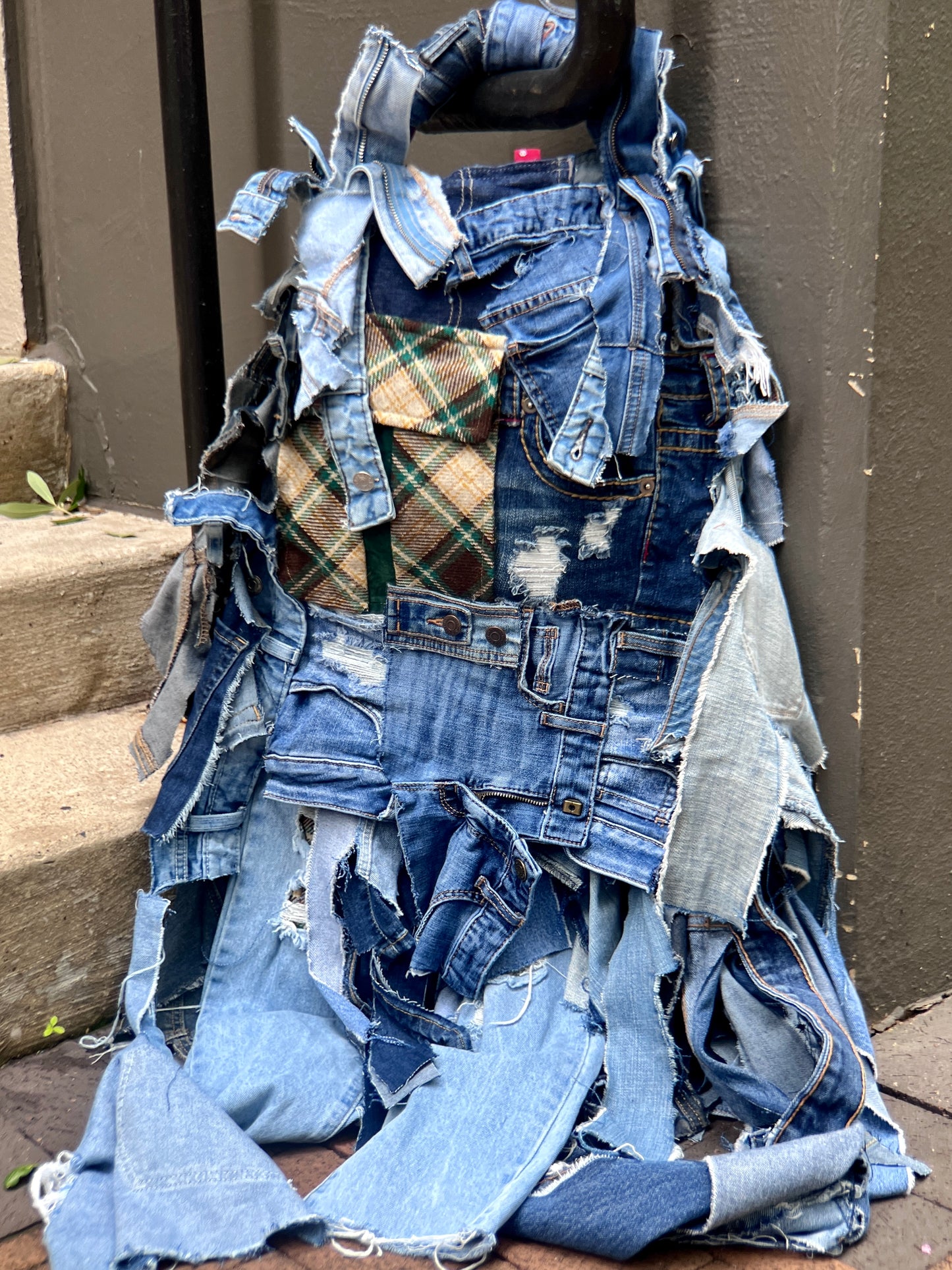 Ugly Grunge Plaid Never Before Handmade Denim Funky Bag XL