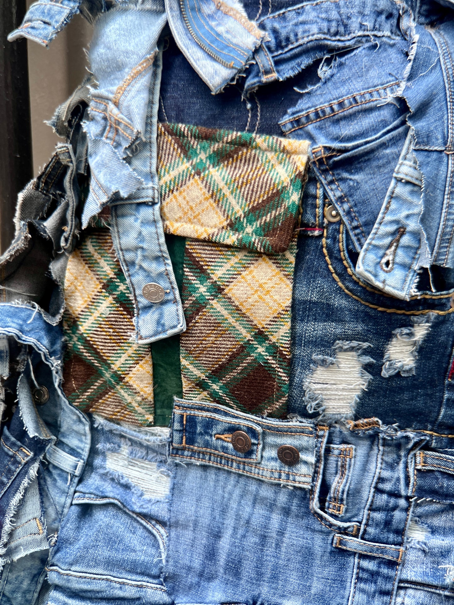 Ugly Grunge Plaid Never Before Handmade Denim Funky Bag XL