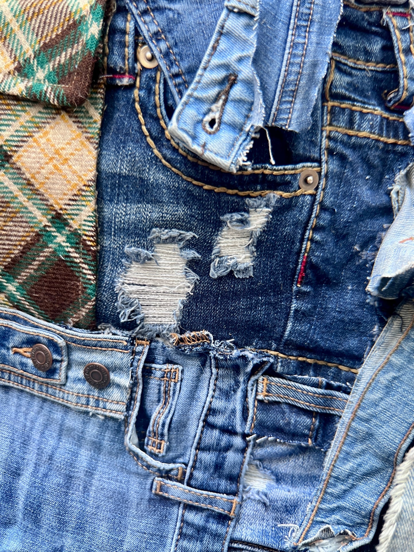 Ugly Grunge Plaid Never Before Handmade Denim Funky Bag XL
