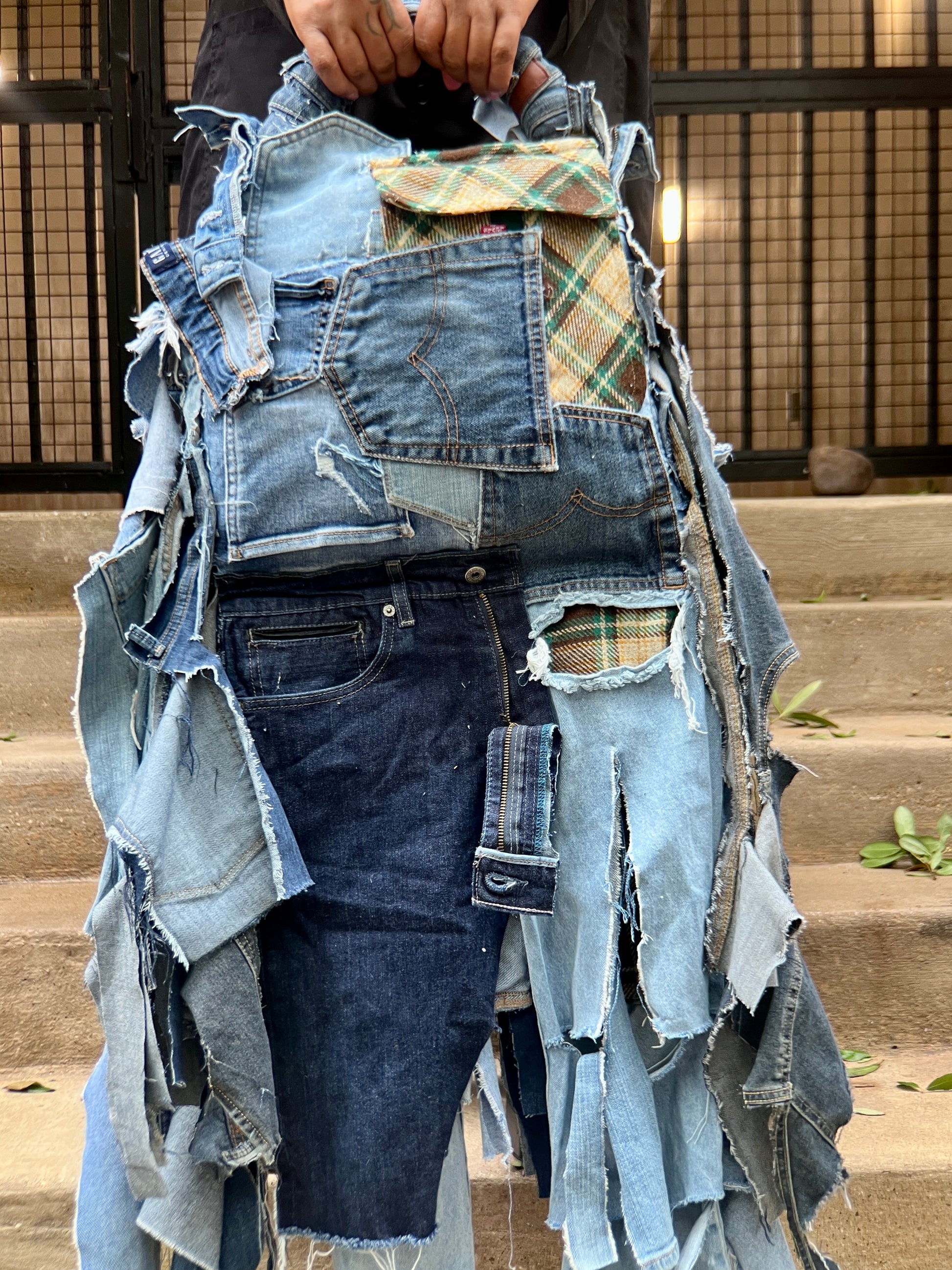 Ugly Grunge Plaid Never Before Handmade Denim Funky Bag XL