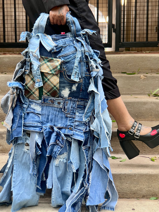 Ugly Grunge Plaid Never Before Handmade Denim Funky Bag XL