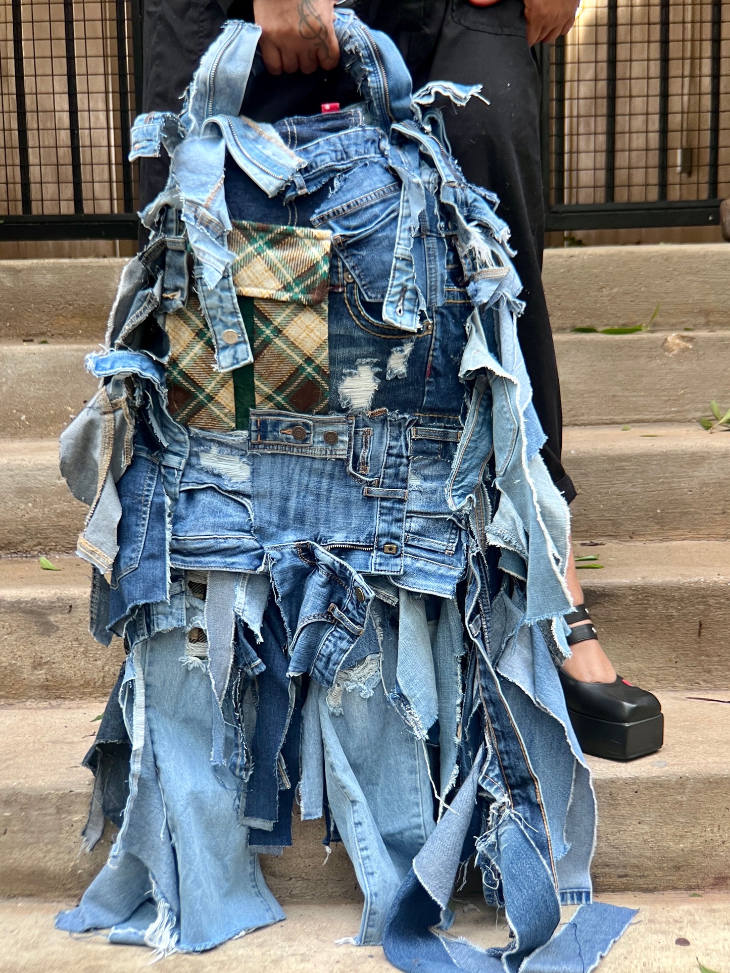 Ugly Grunge Plaid Never Before Handmade Denim Funky Bag XL