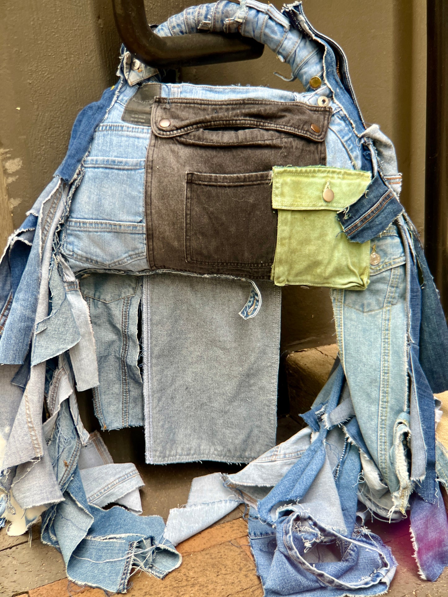 Performative Style Ugly Denim Black And Green Pocket Bag