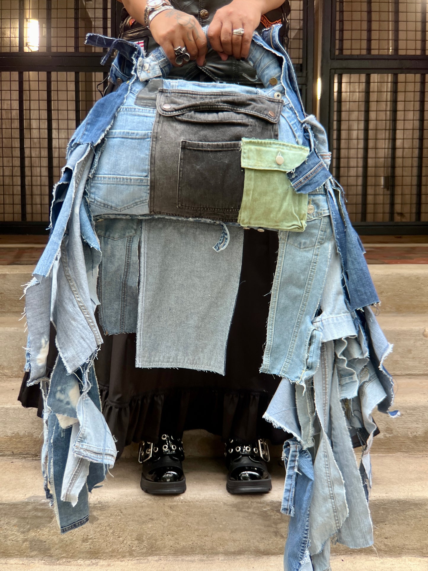 Performative Style Ugly Denim Black And Green Pocket Bag