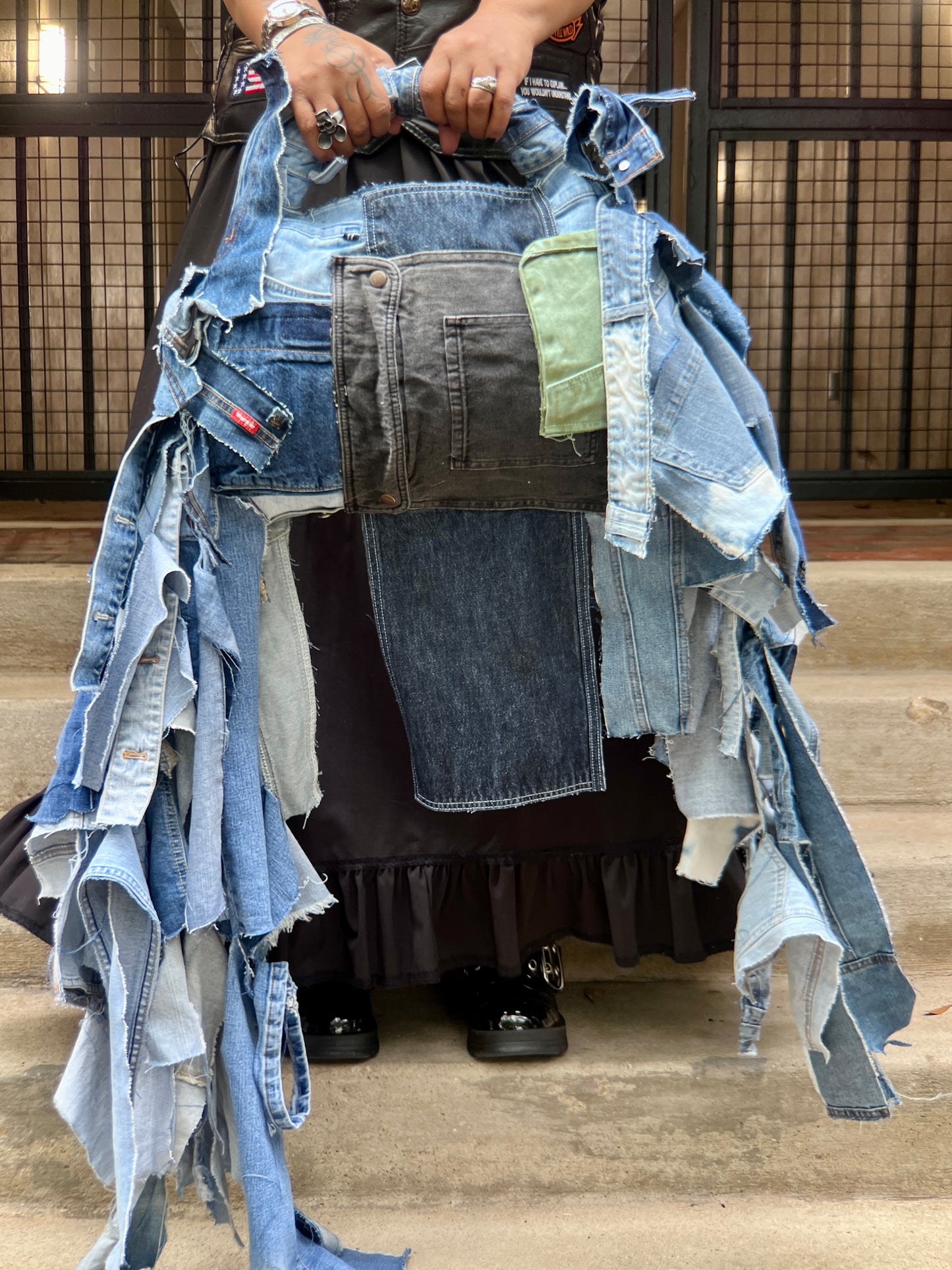 Performative Style Ugly Denim Black And Green Pocket Bag