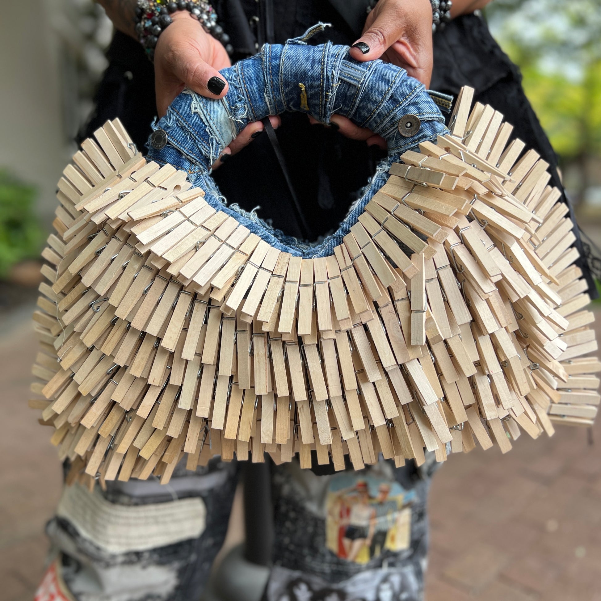 Blessed Clothespin Fashion V-Neck Upcycled Denim Handbag Purse: Unique Style