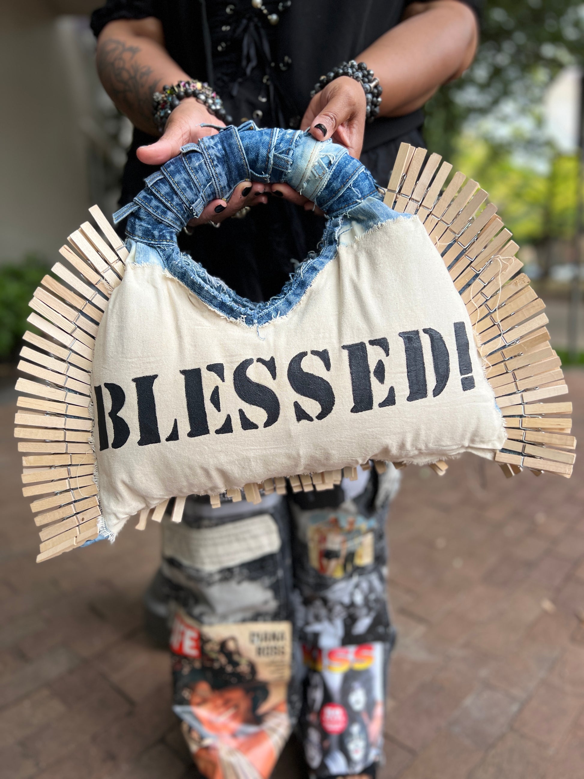 Blessed Clothespin Fashion V-Neck Upcycled Denim Handbag Purse: Unique Style