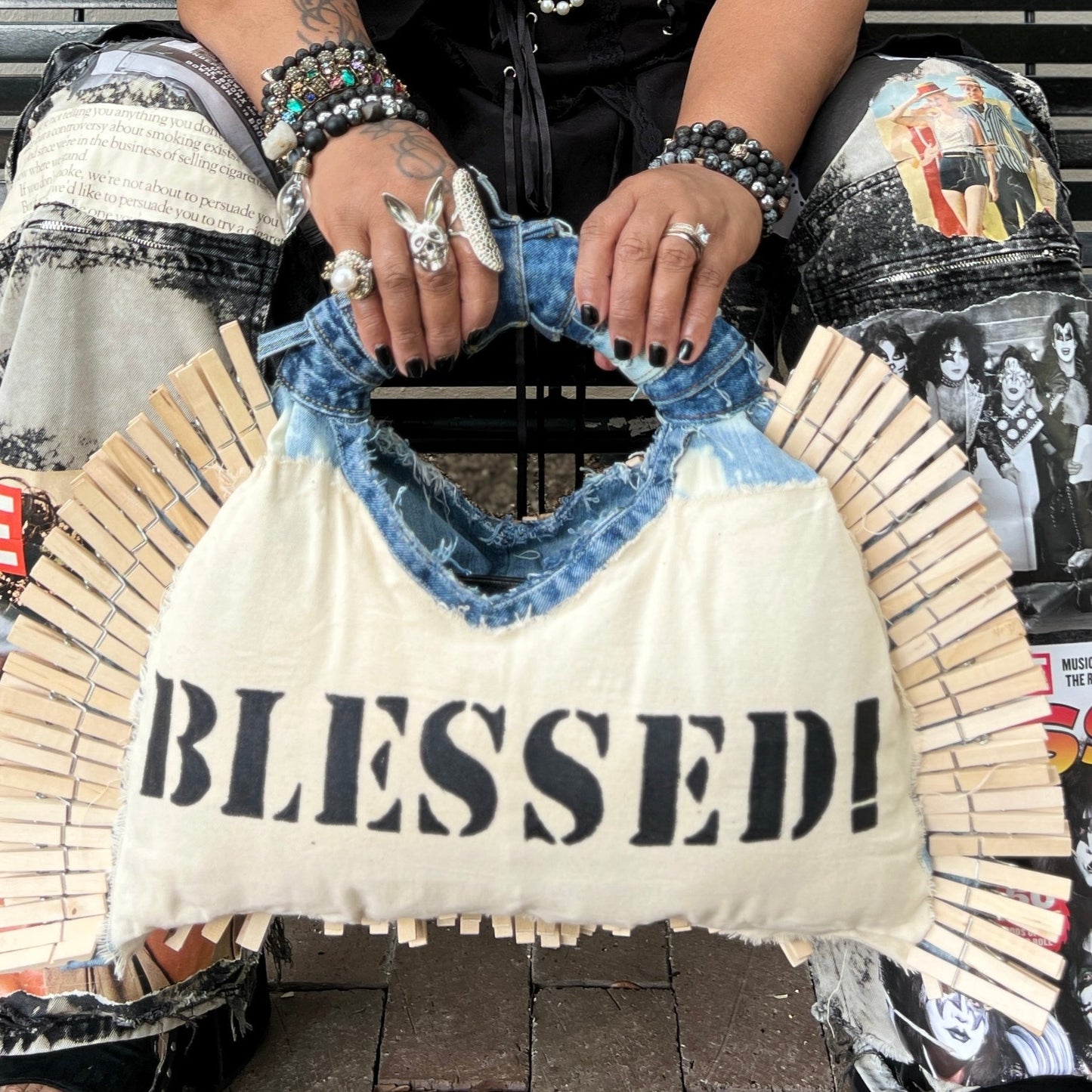 Blessed Clothespin Fashion V-Neck Upcycled Denim Handbag Purse: Unique Style