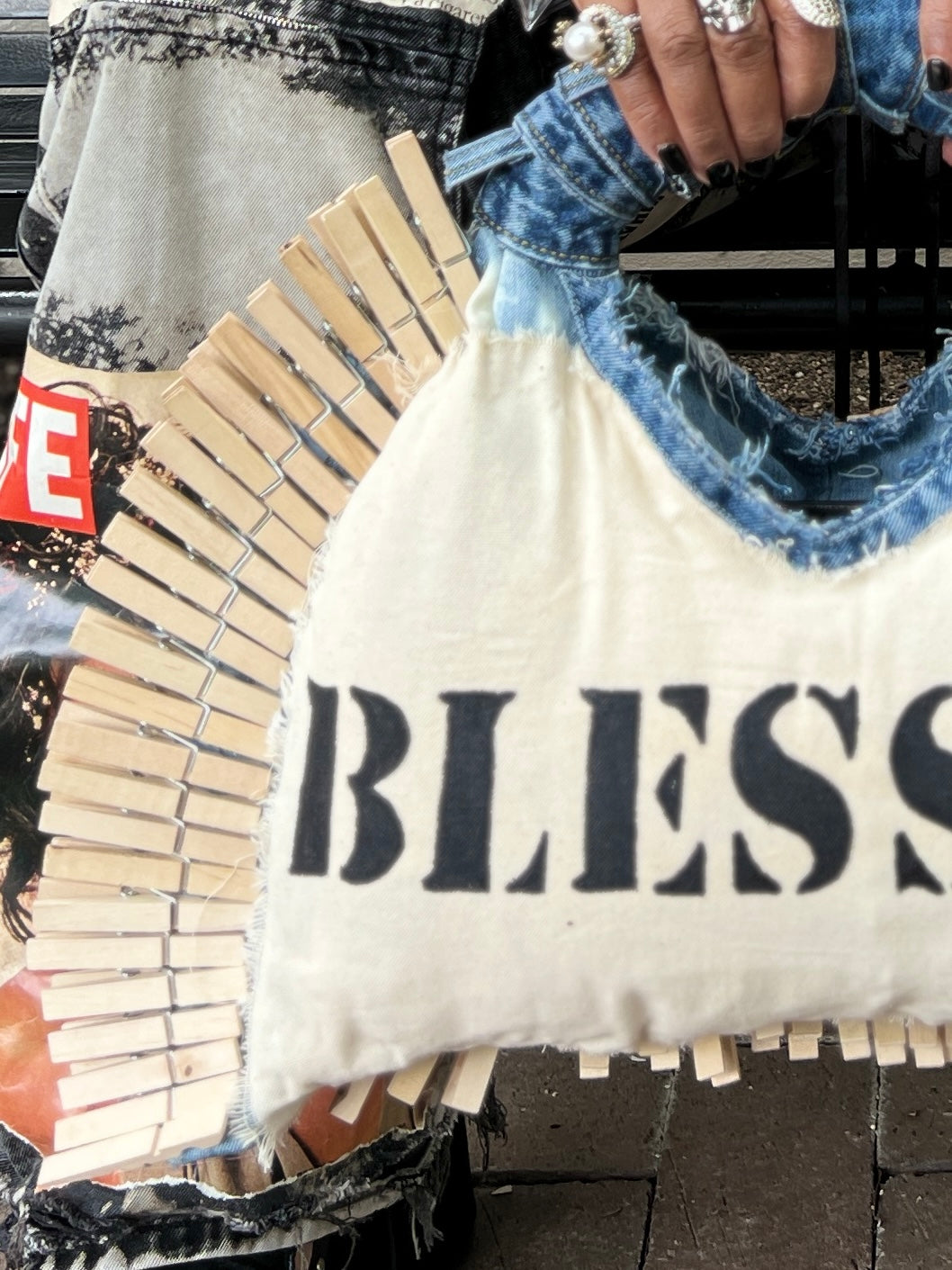 Blessed Clothespin Fashion V-Neck Upcycled Denim Handbag Purse: Unique Style