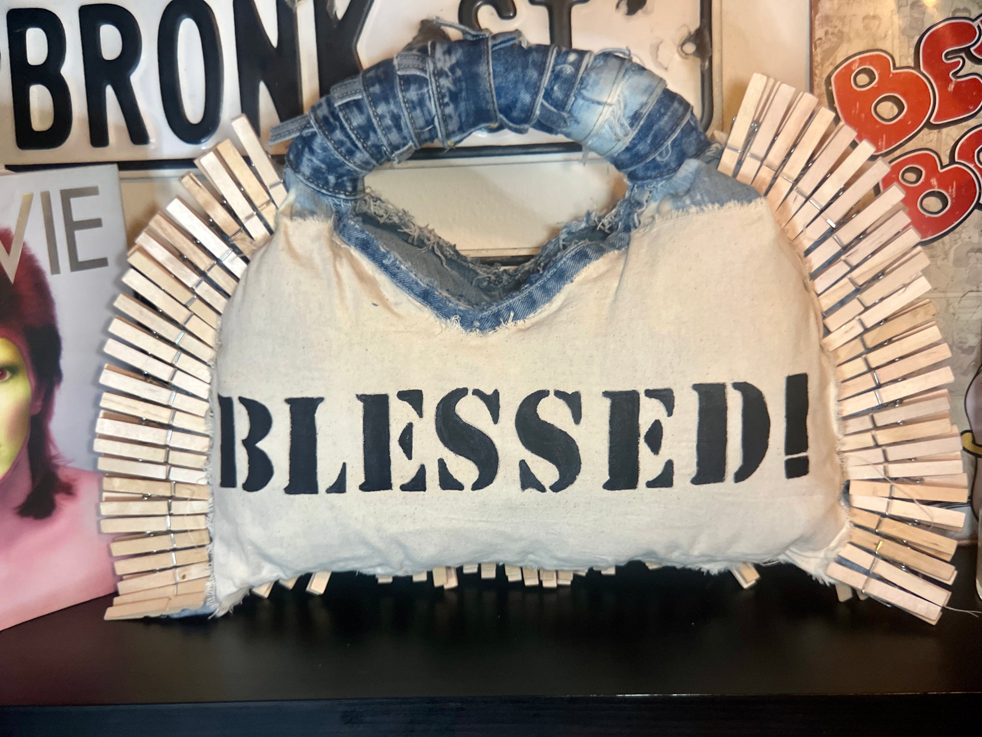 Blessed Clothespin Fashion V-Neck Upcycled Denim Handbag Purse: Unique Style