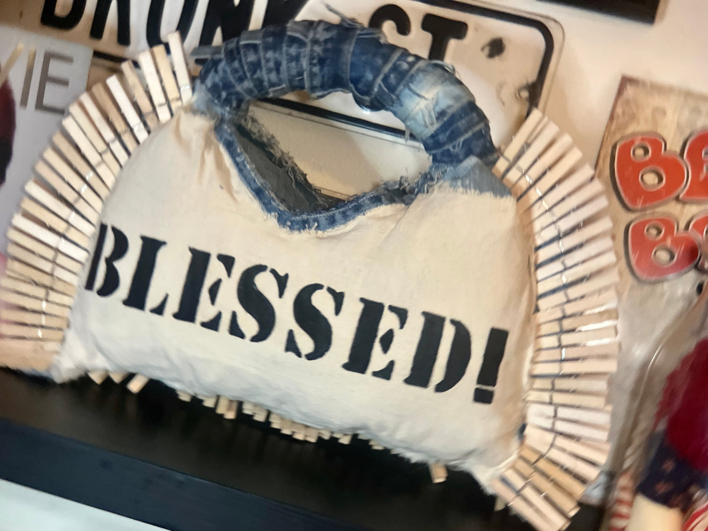 Blessed Clothespin Fashion V-Neck Upcycled Denim Handbag Purse: Unique Style