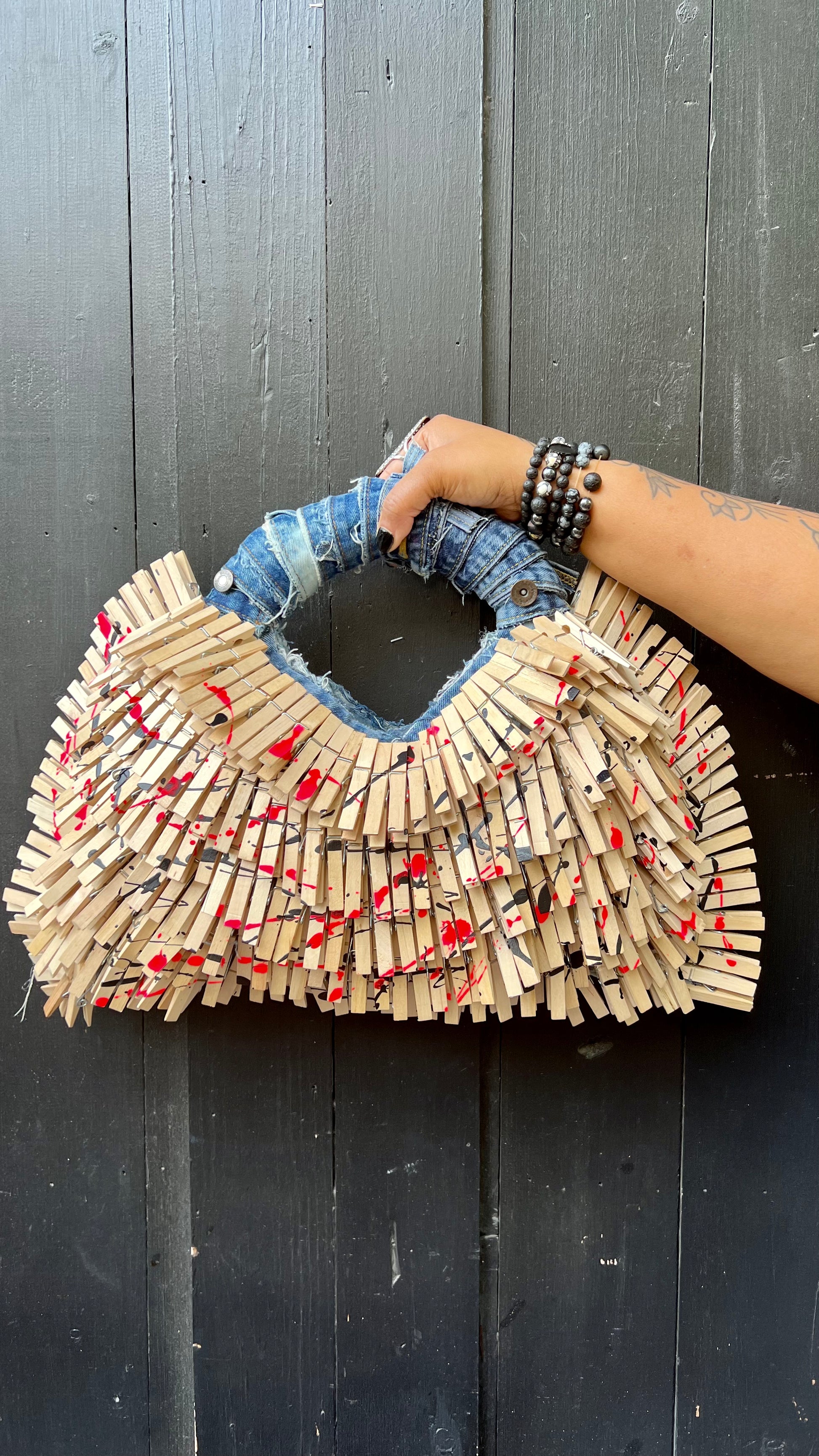 Clothespin Two Color Black And Pink Blessed Upcycled Denim Bag