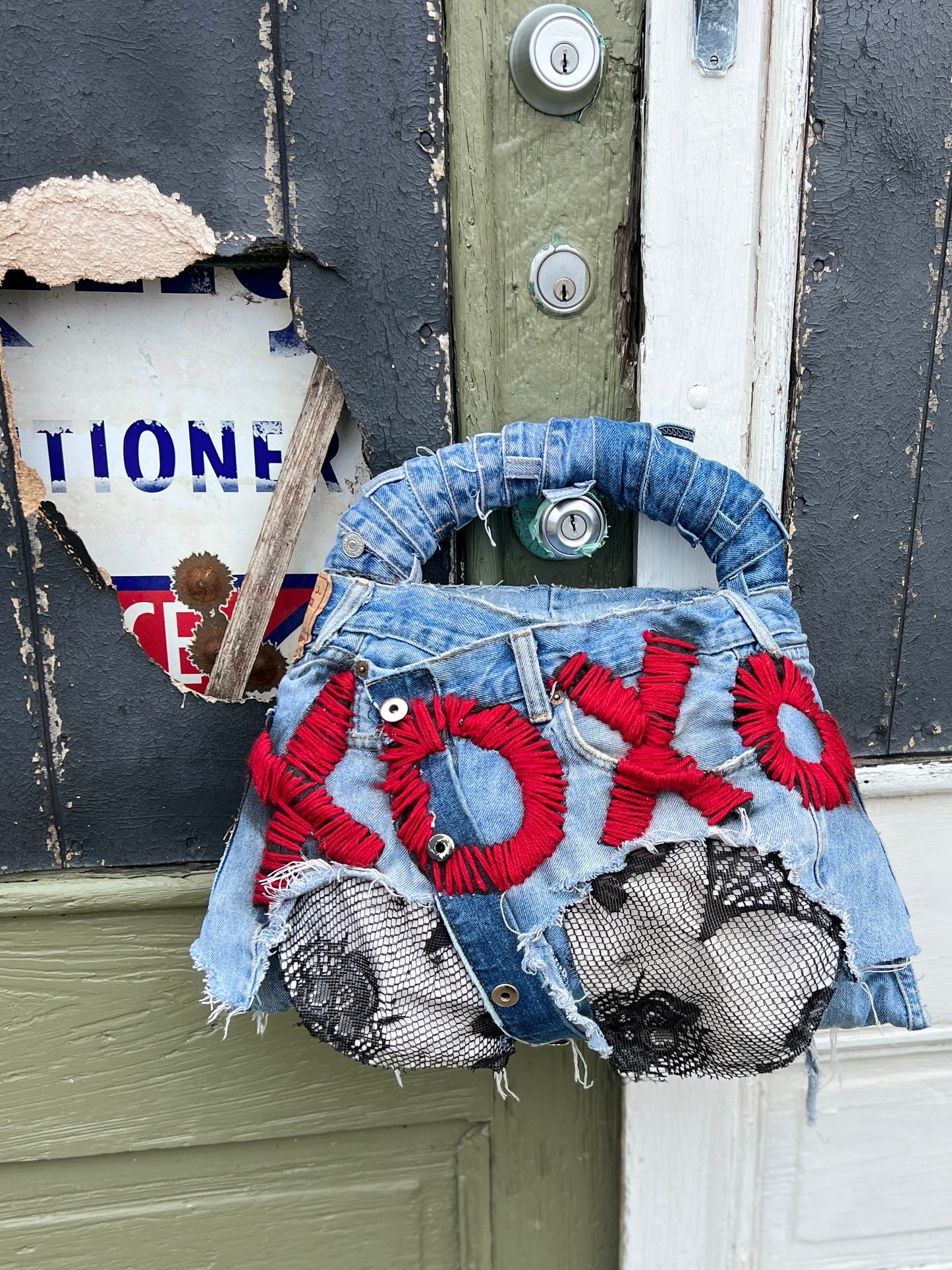 Ugly XOXO Stitch Funky Face On the Back Denim Bag; Over The Top Purse!
