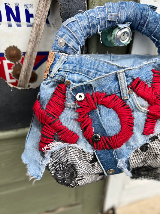 Ugly XOXO Stitch Funky Face On the Back Denim Bag; Over The Top Purse!
