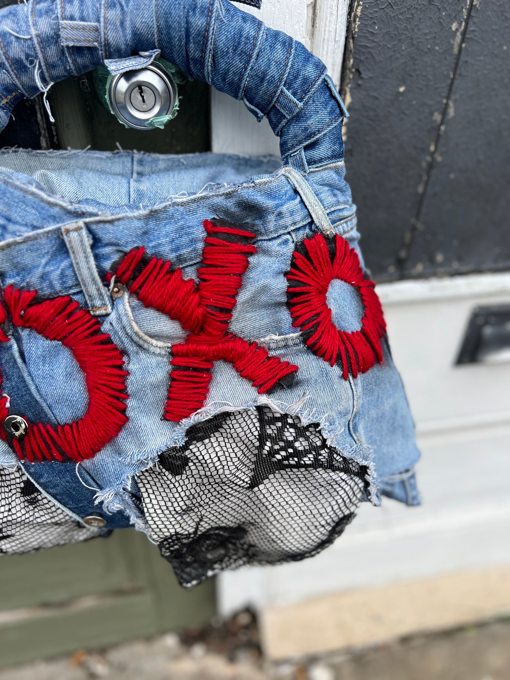 Ugly XOXO Stitch Funky Face On the Back Denim Bag; Over The Top Purse!