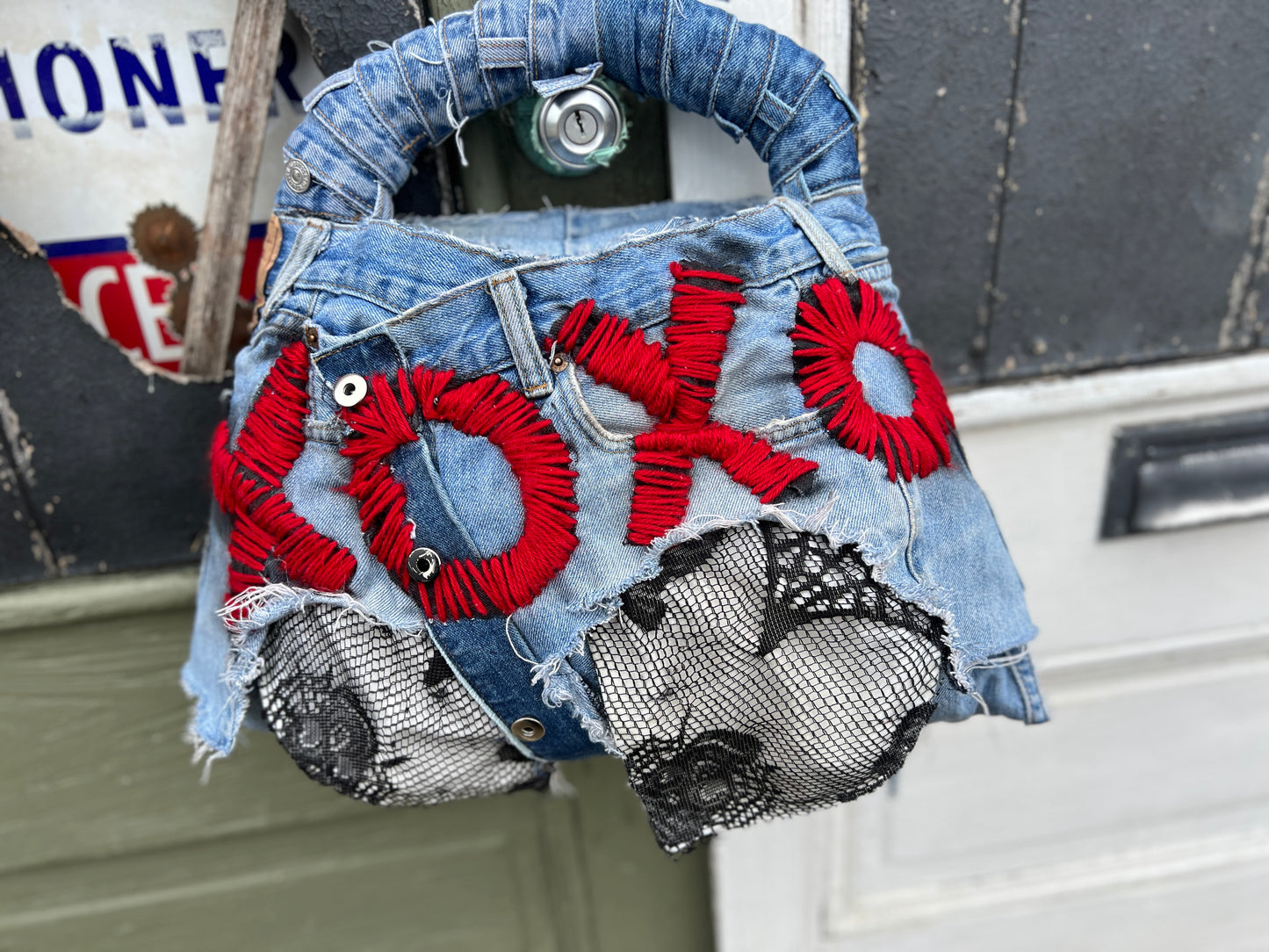 Ugly XOXO Stitch Funky Face On the Back Denim Bag; Over The Top Purse!