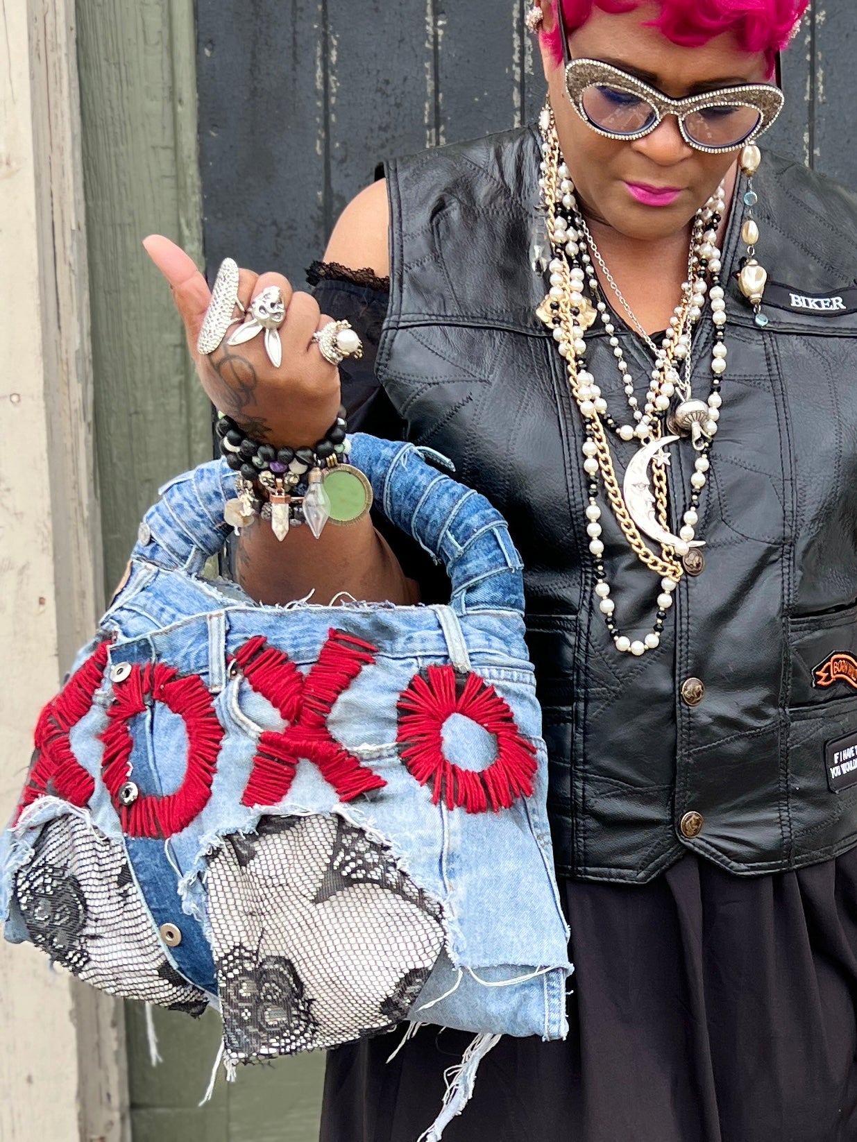 Ugly XOXO Stitch Funky Face On the Back Denim Bag; Over The Top Purse!