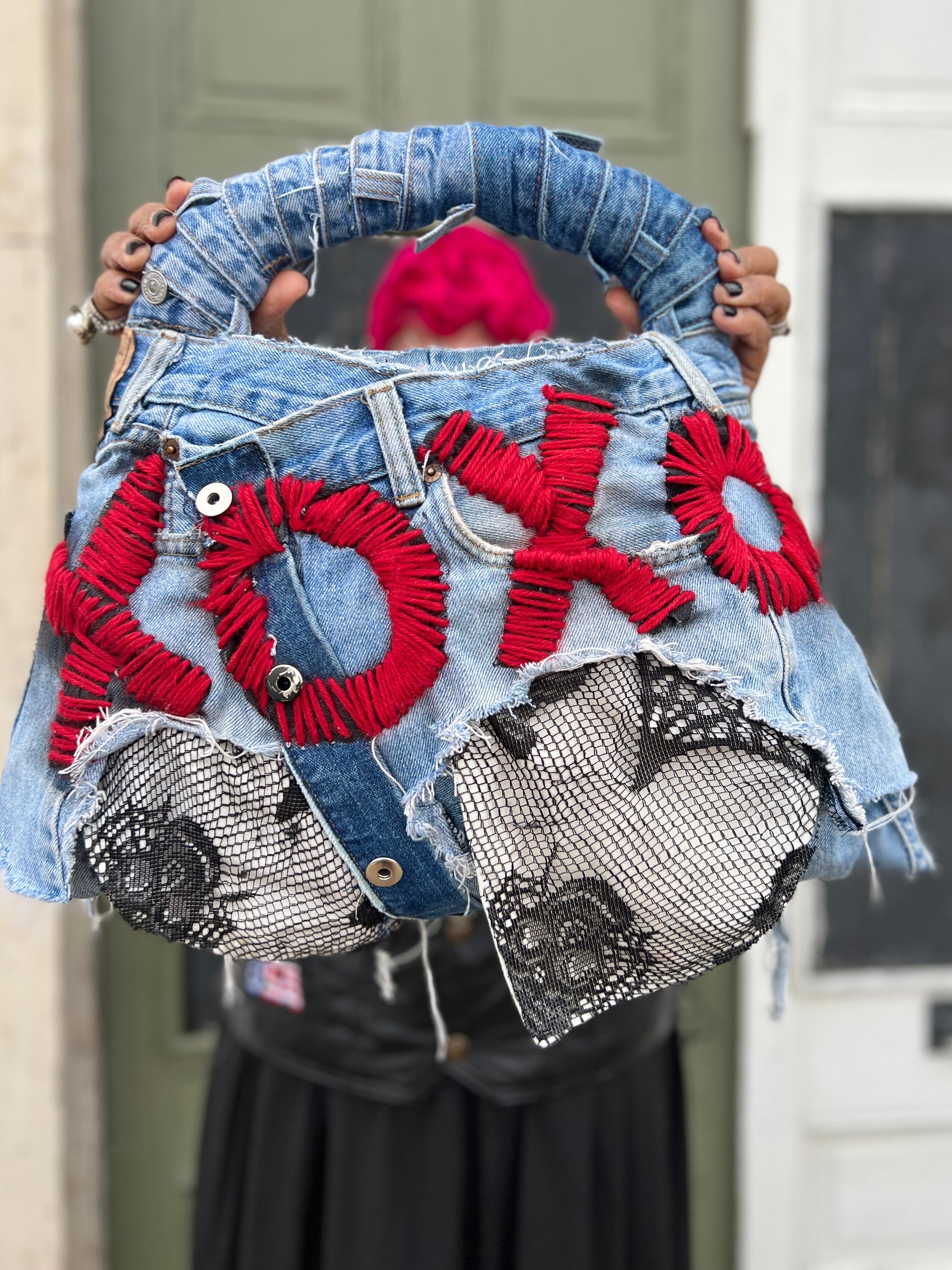 Ugly XOXO Stitch Funky Face On the Back Denim Bag; Over The Top Purse!