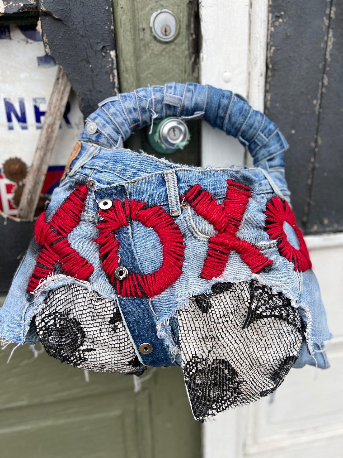 Ugly XOXO Stitch Funky Face On the Back Denim Bag; Over The Top Purse!