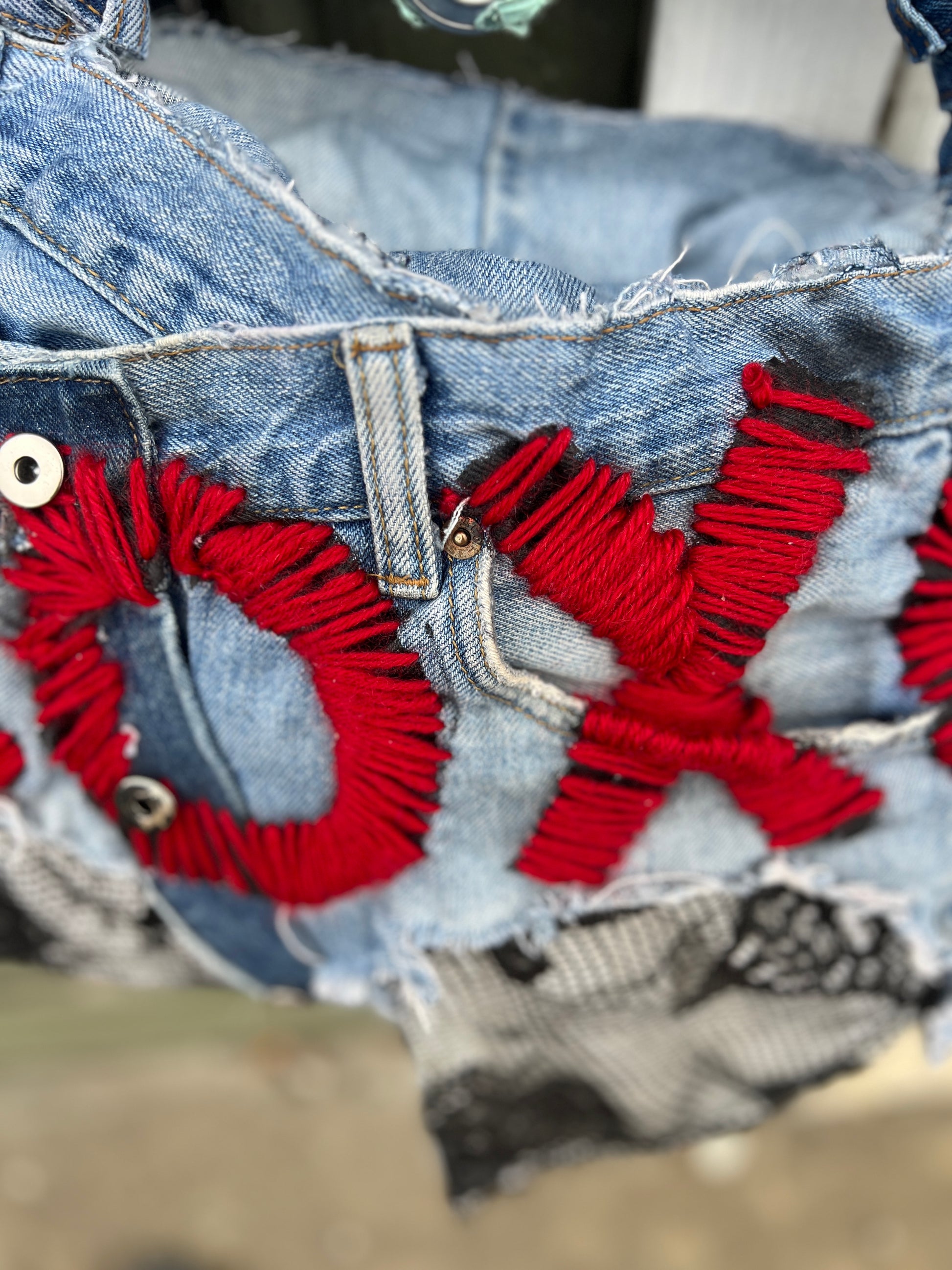 Ugly XOXO Stitch Funky Face On the Back Denim Bag; Over The Top Purse!