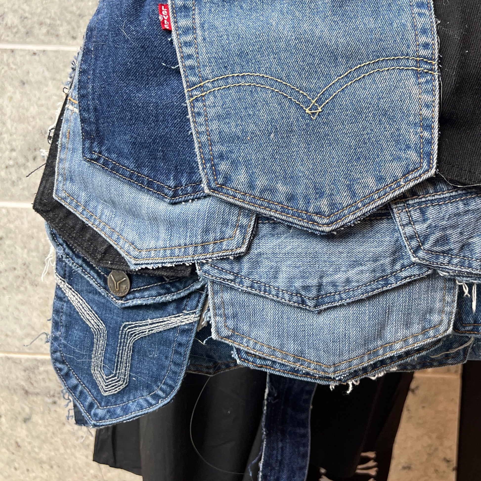 Funky Pockets Ugly Denim Grunge Bag: Weird Back StyleFunky Pockets Ugly Denim Grunge Bag: Weird Back Style