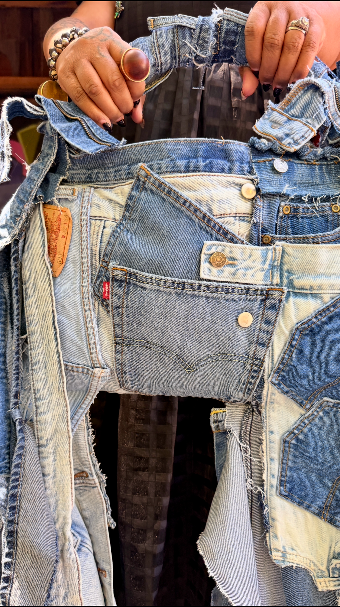 Janky Patch Fringe Ugly Denim Upcycled Statement Bag detail view