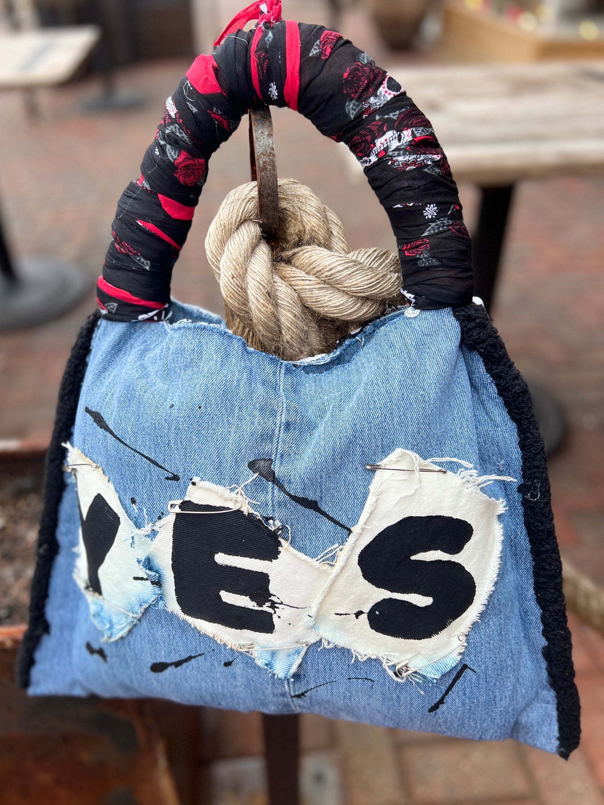 Funky Grunge Yes Dominoes Upcycled Denim Jean Bag