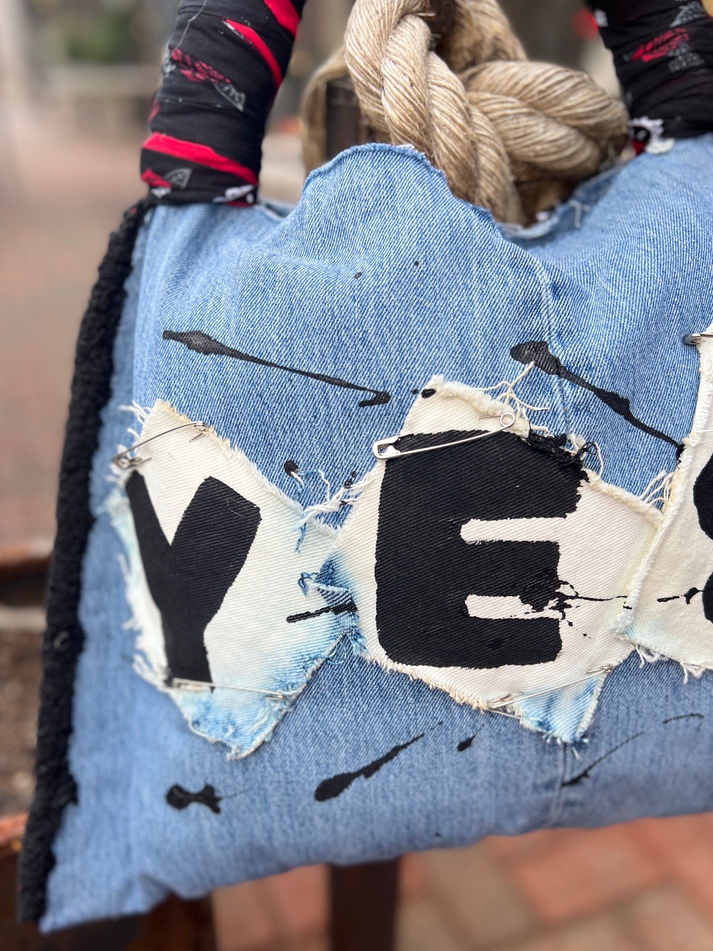 Funky Grunge Yes Dominoes Upcycled Denim Jean Bag