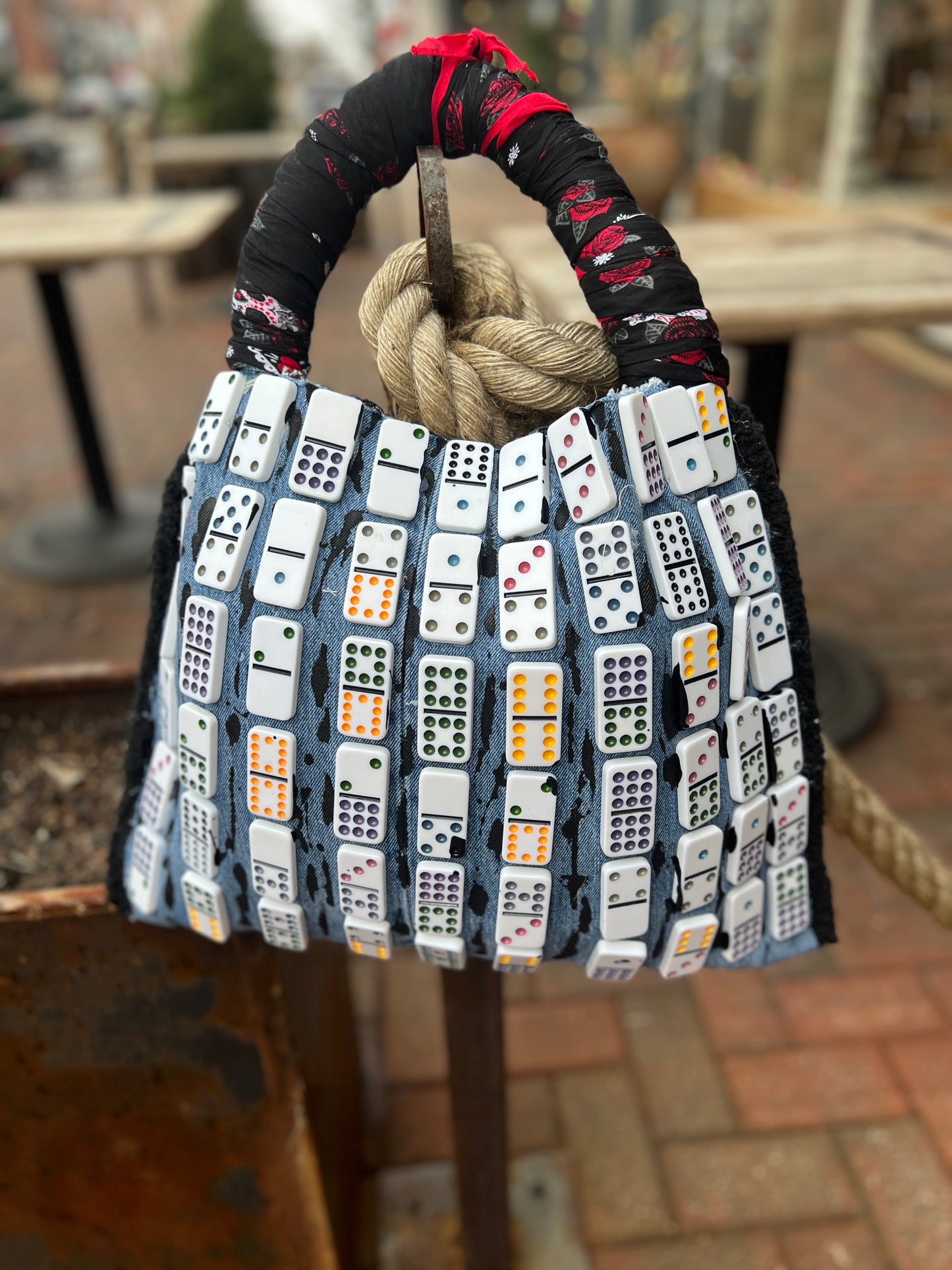 Funky Grunge Yes Dominoes Upcycled Denim Jean Bag