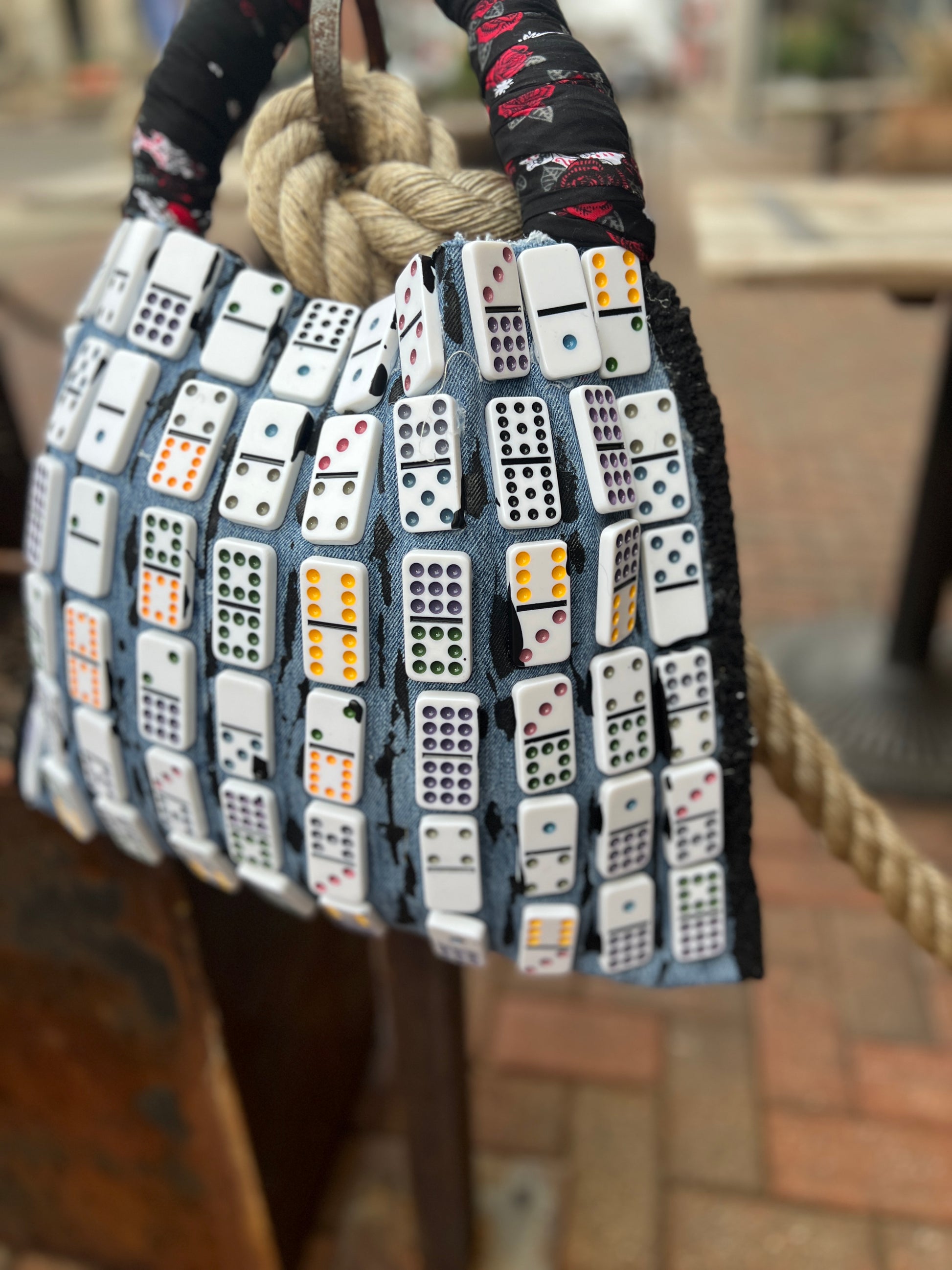 Funky Grunge Yes Dominoes Upcycled Denim Jean Bag