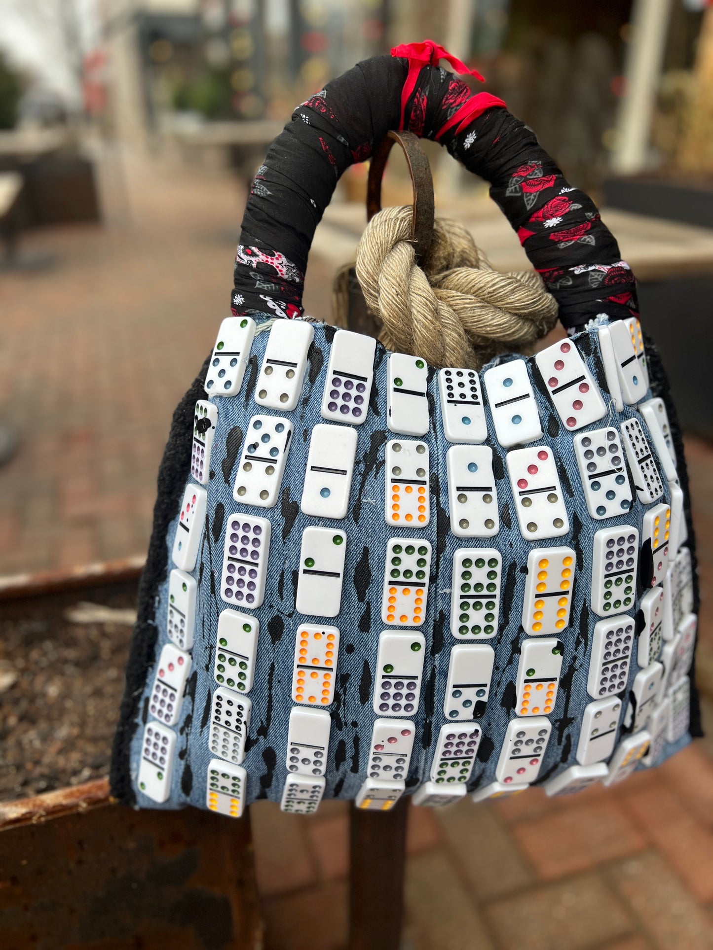 Funky Grunge Yes Dominoes Upcycled Denim Jean Bag