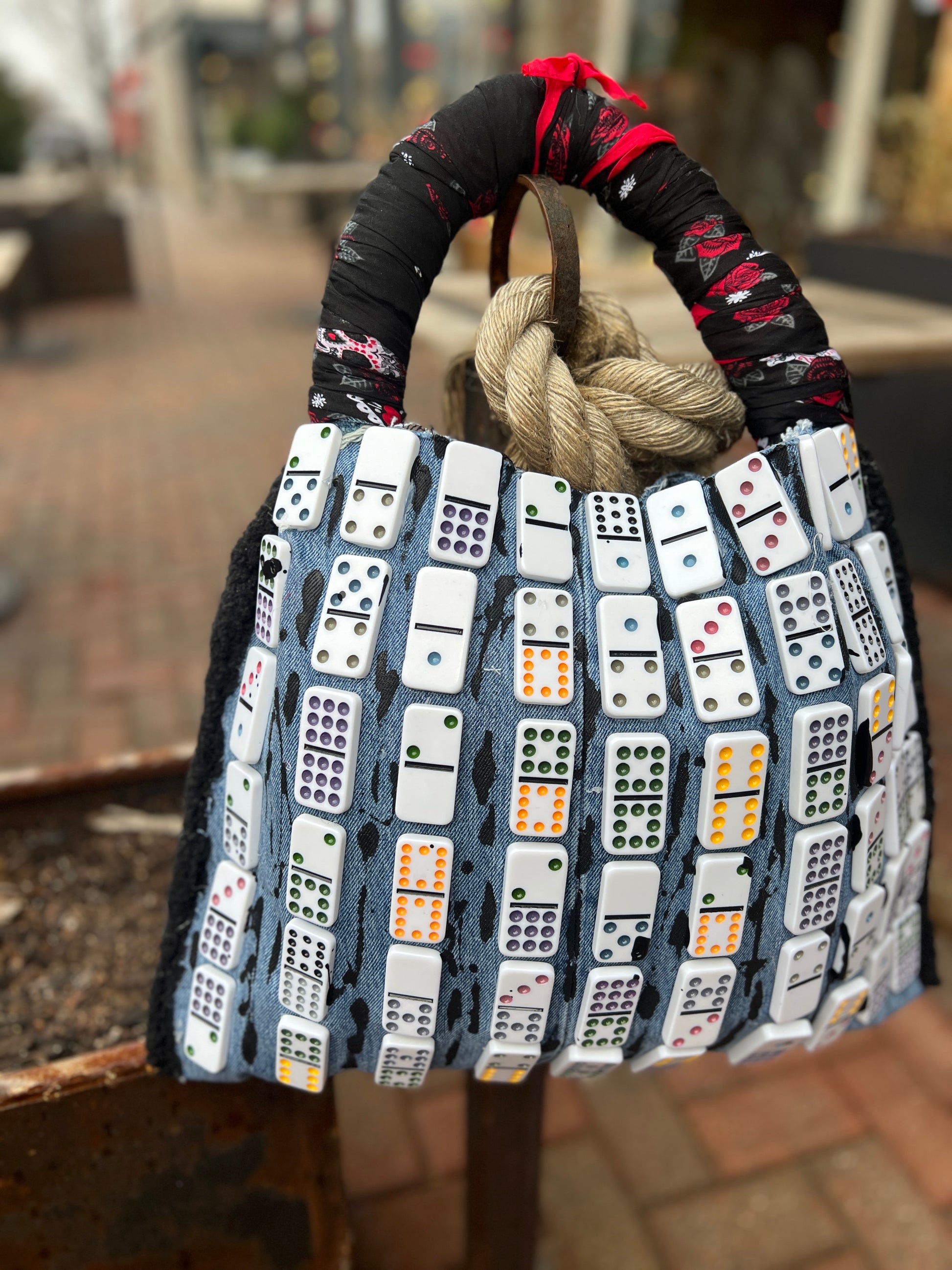 Funky Grunge Yes Dominoes Upcycled Denim Jean Bag