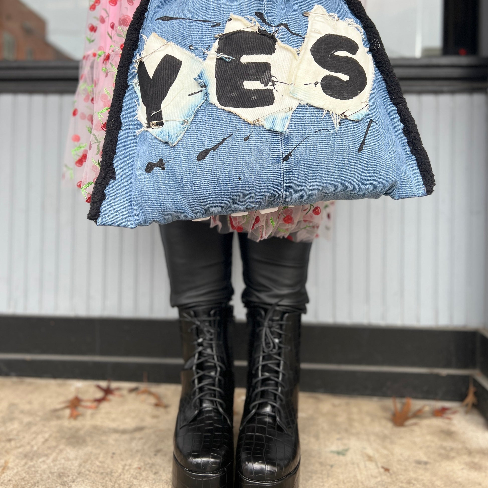 Funky Grunge Yes Dominoes Upcycled Denim Jean Bag