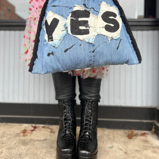 Funky Grunge Yes Dominoes Upcycled Denim Jean Bag
