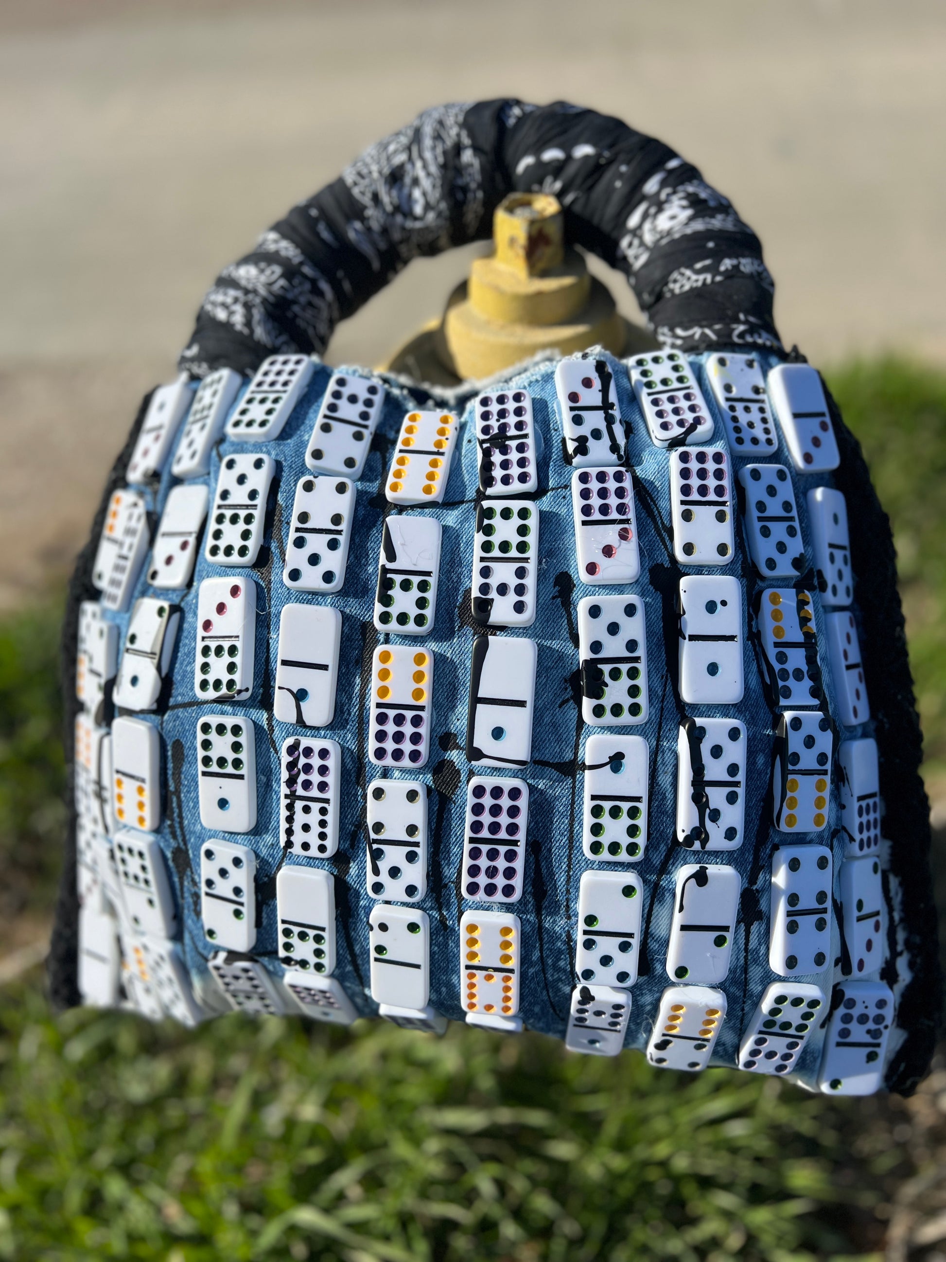 Mind Your Business Dominoes Denim Bag With Black Bandana :