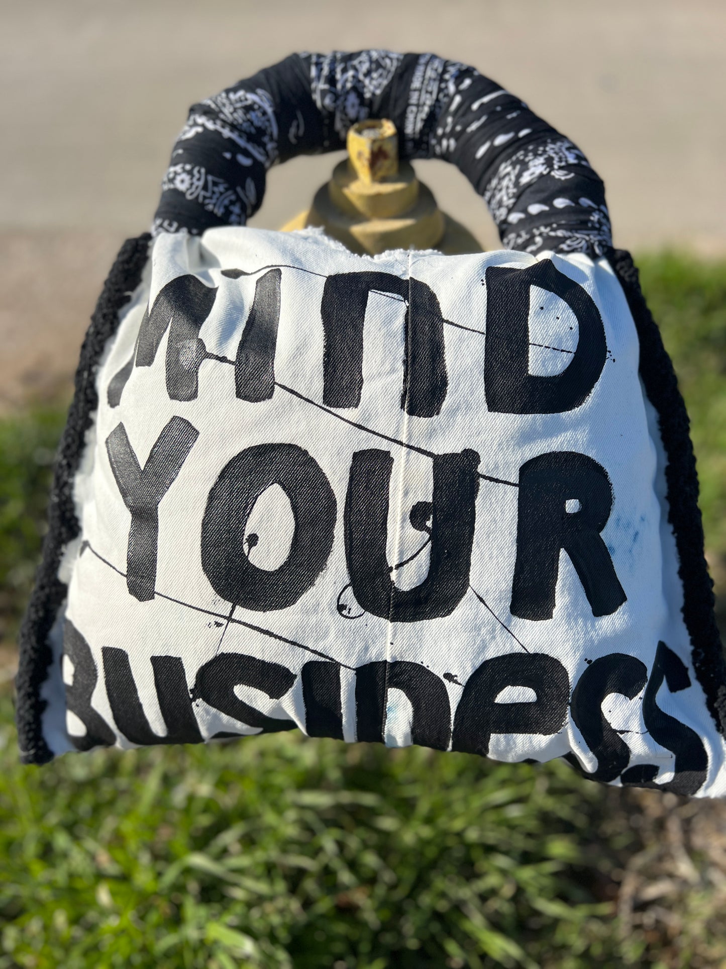 Mind Your Business Dominoes Denim Bag With Black Bandana :