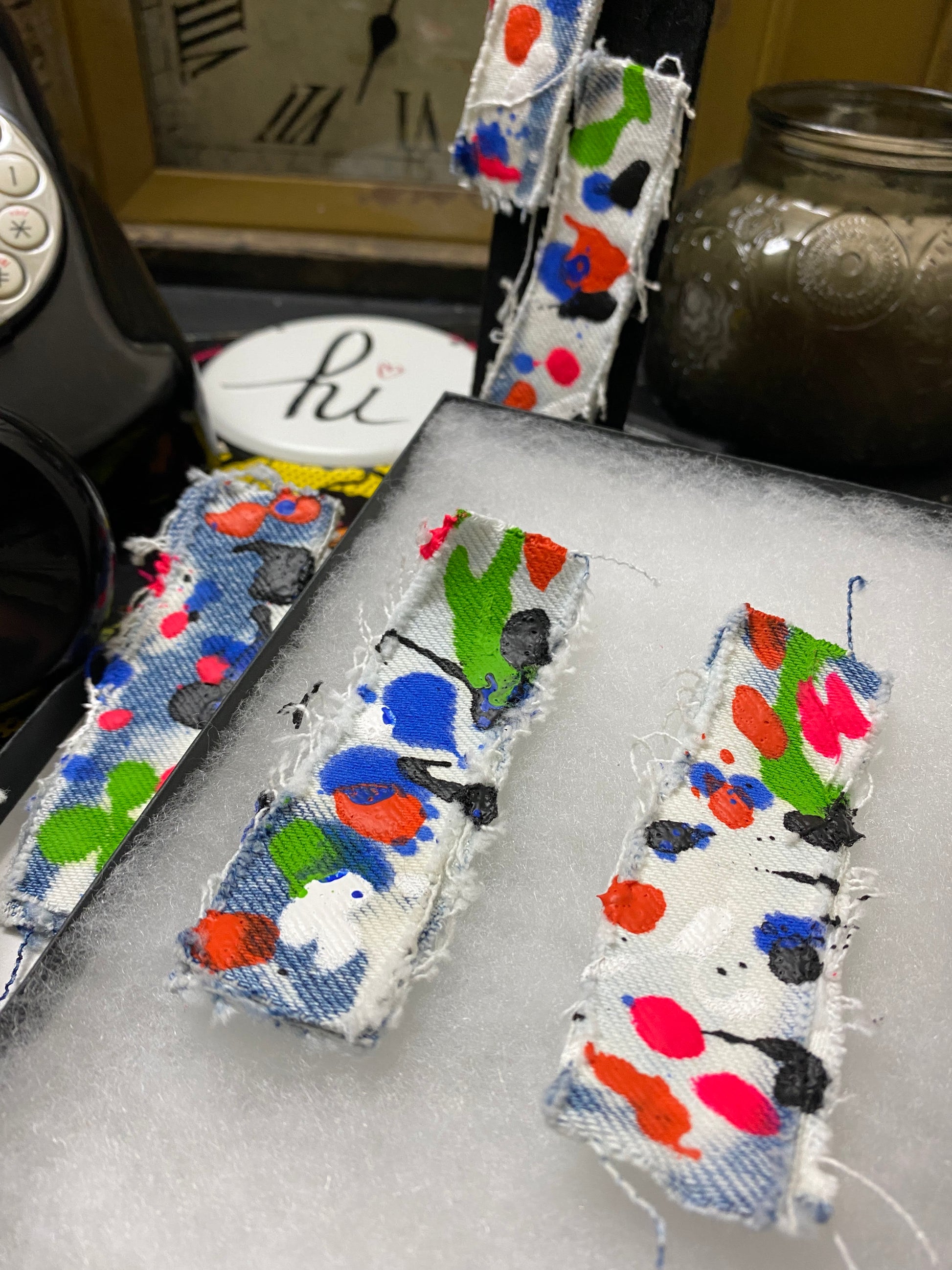 Recycled Multi -Colored Denim Junk Earrings-Denim Scraps