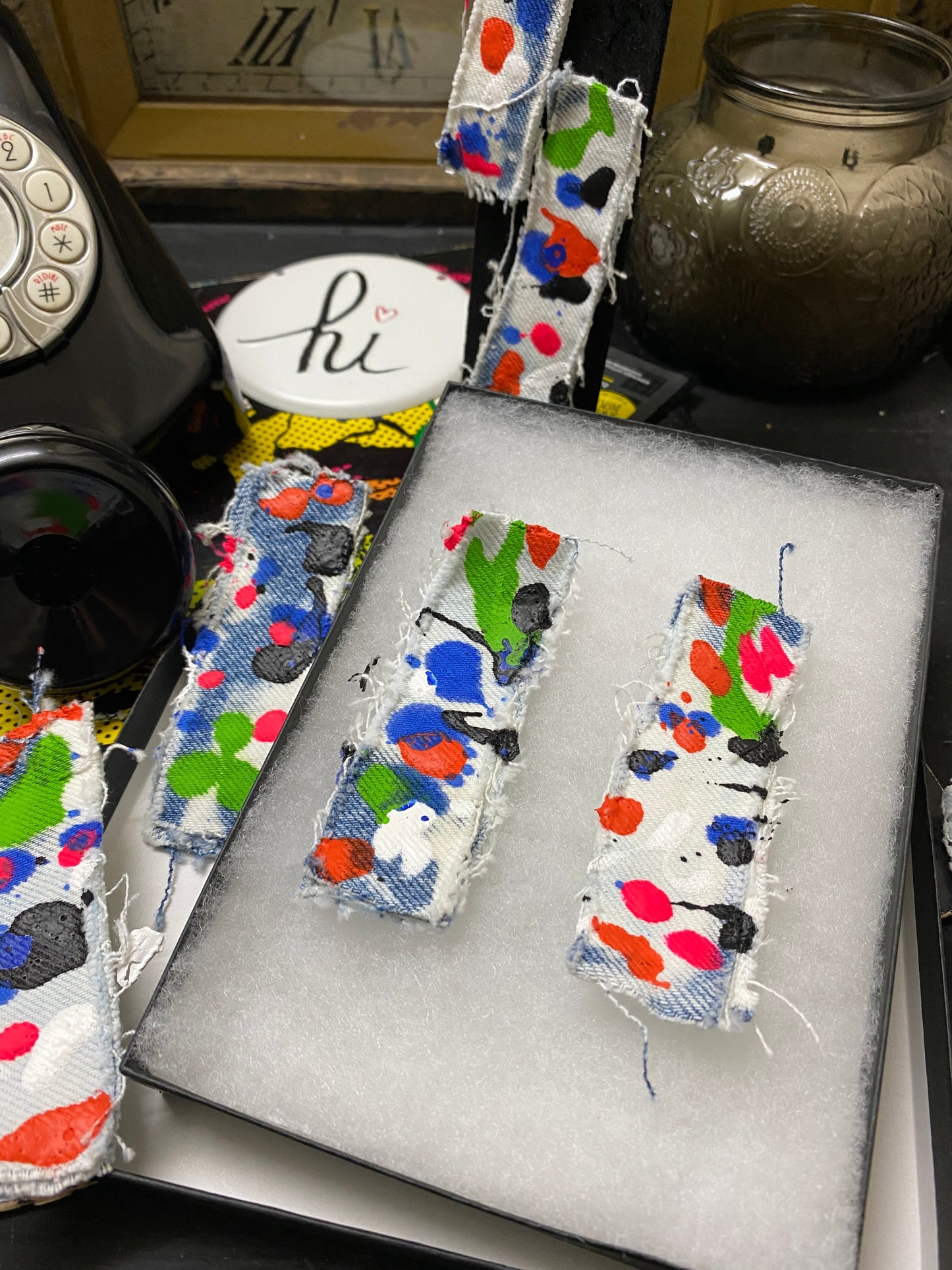 Recycled Multi -Colored Denim Junk Earrings-Denim Scraps