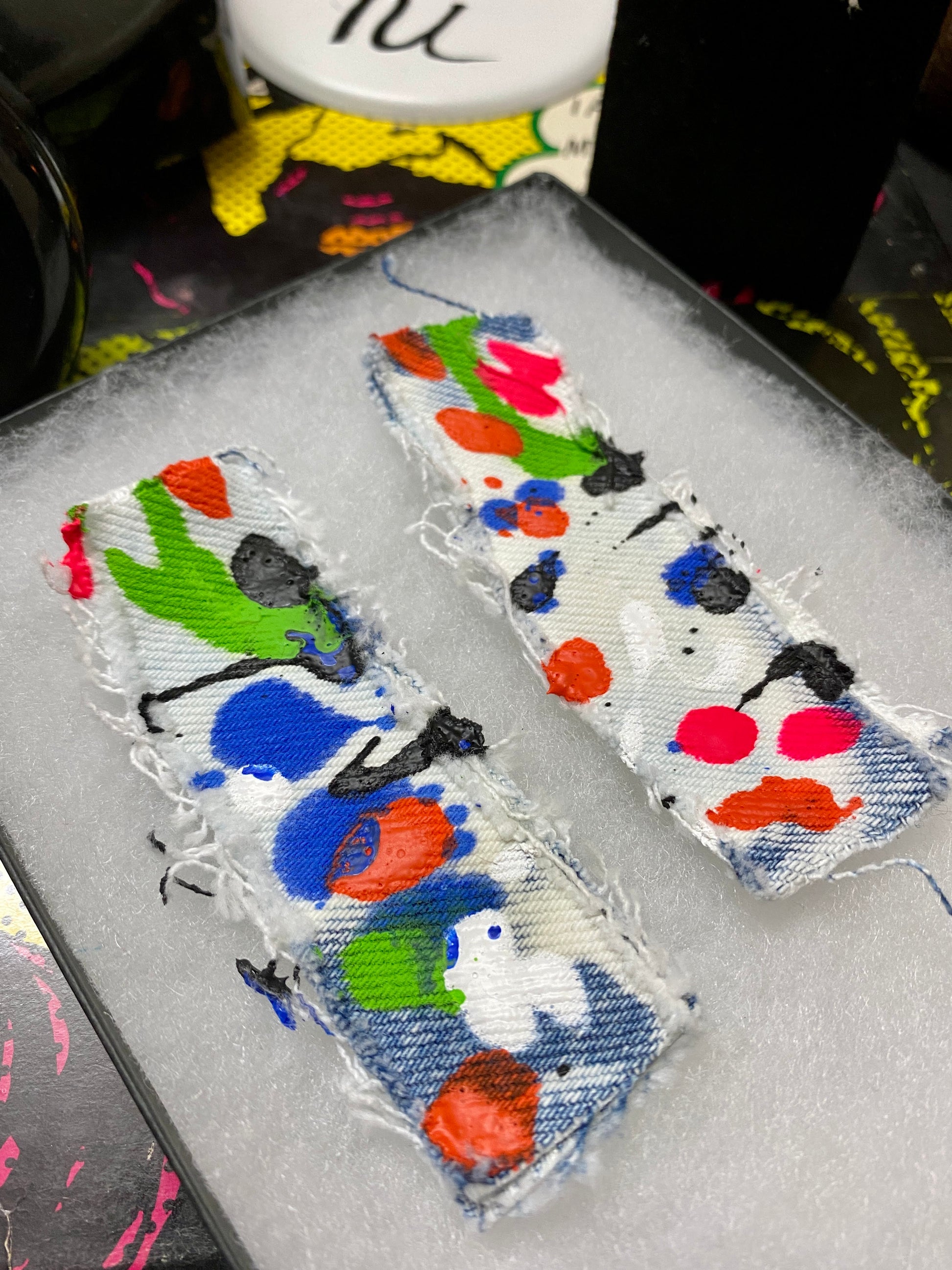 Recycled Multi -Colored Denim Junk Earrings-Denim Scraps