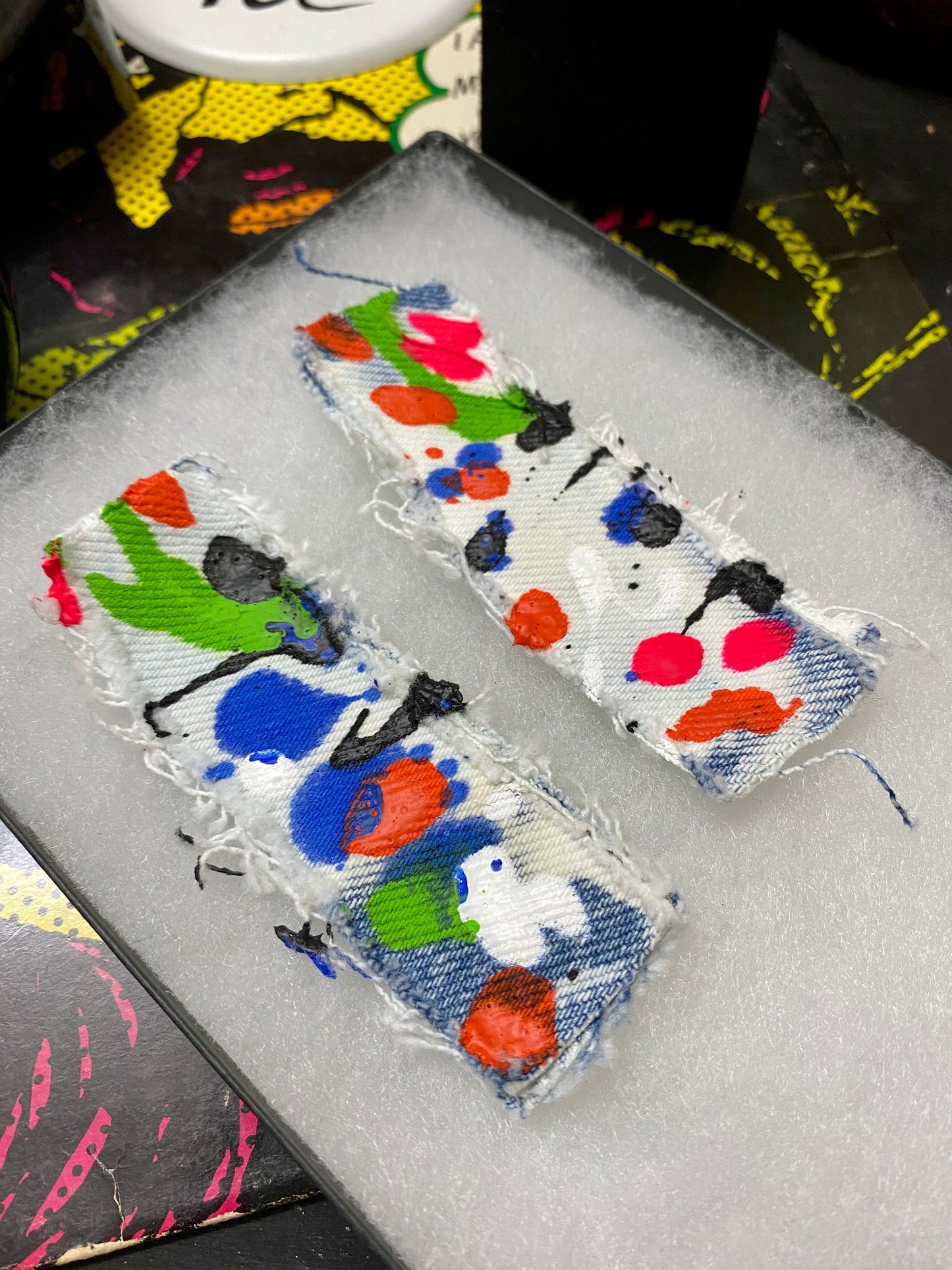 Recycled Multi -Colored Denim Junk Earrings-Denim Scraps