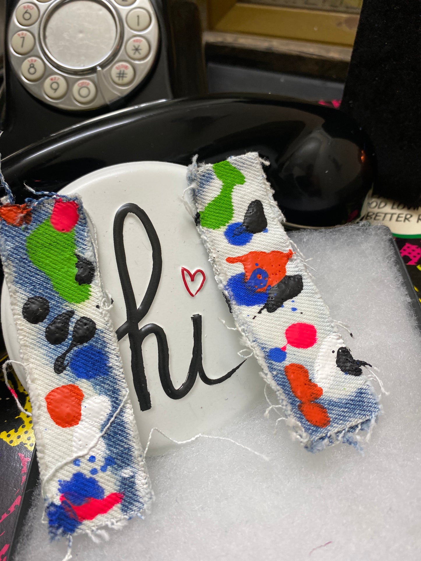 Recycled Multi -Colored Denim Junk Earrings-Denim Scraps