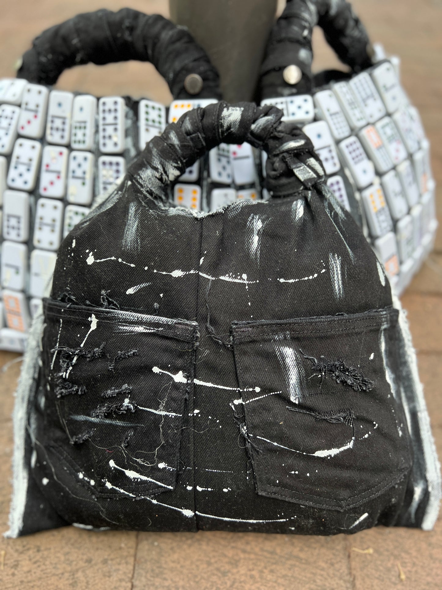 Reworked Upcycled Made From Trash Dominoes Denim Bag 2